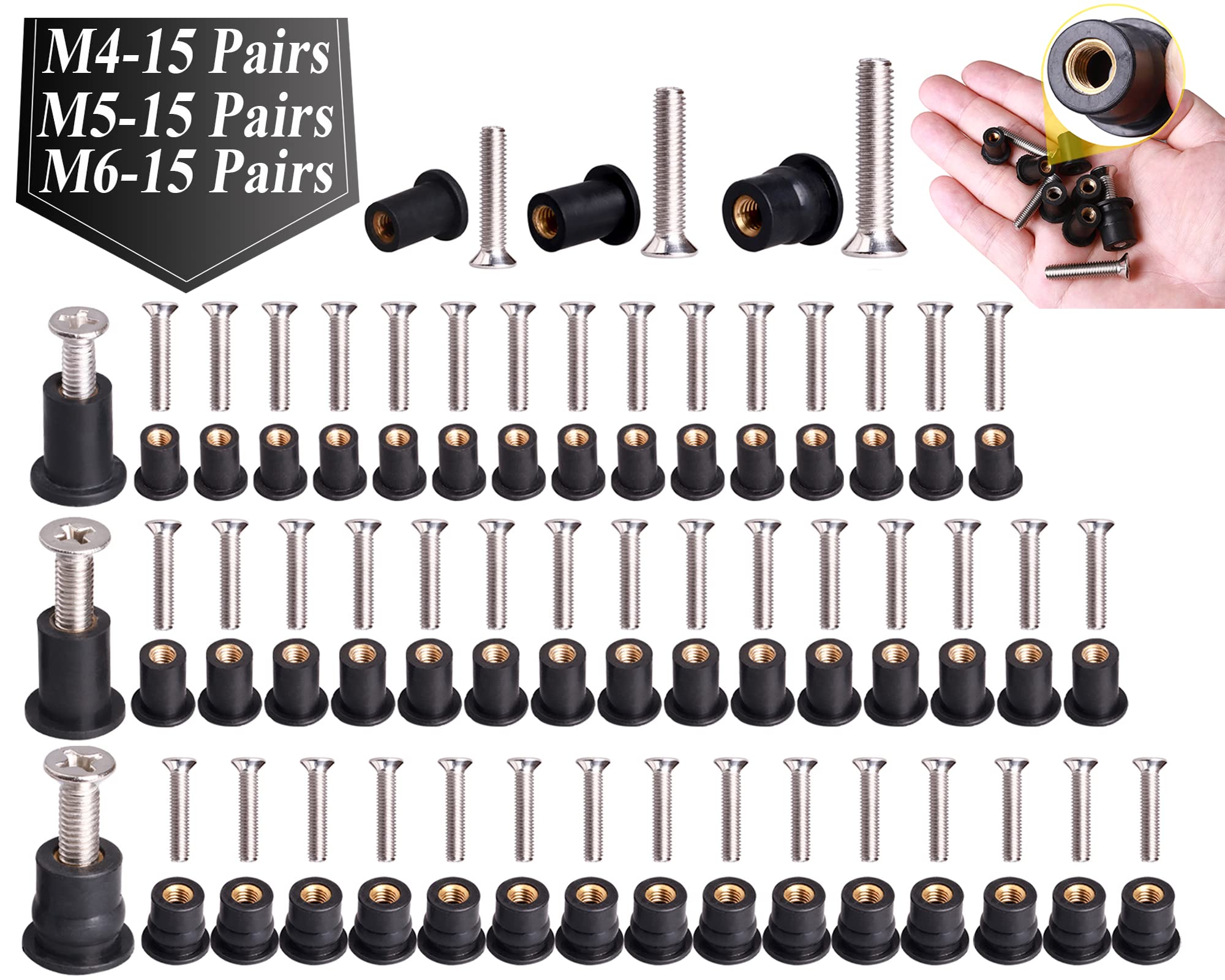 45 Pairs M4 M5 M6 Neoprene Well Nuts With Screws - Kayak Motorcycle Boat Fastener Kit