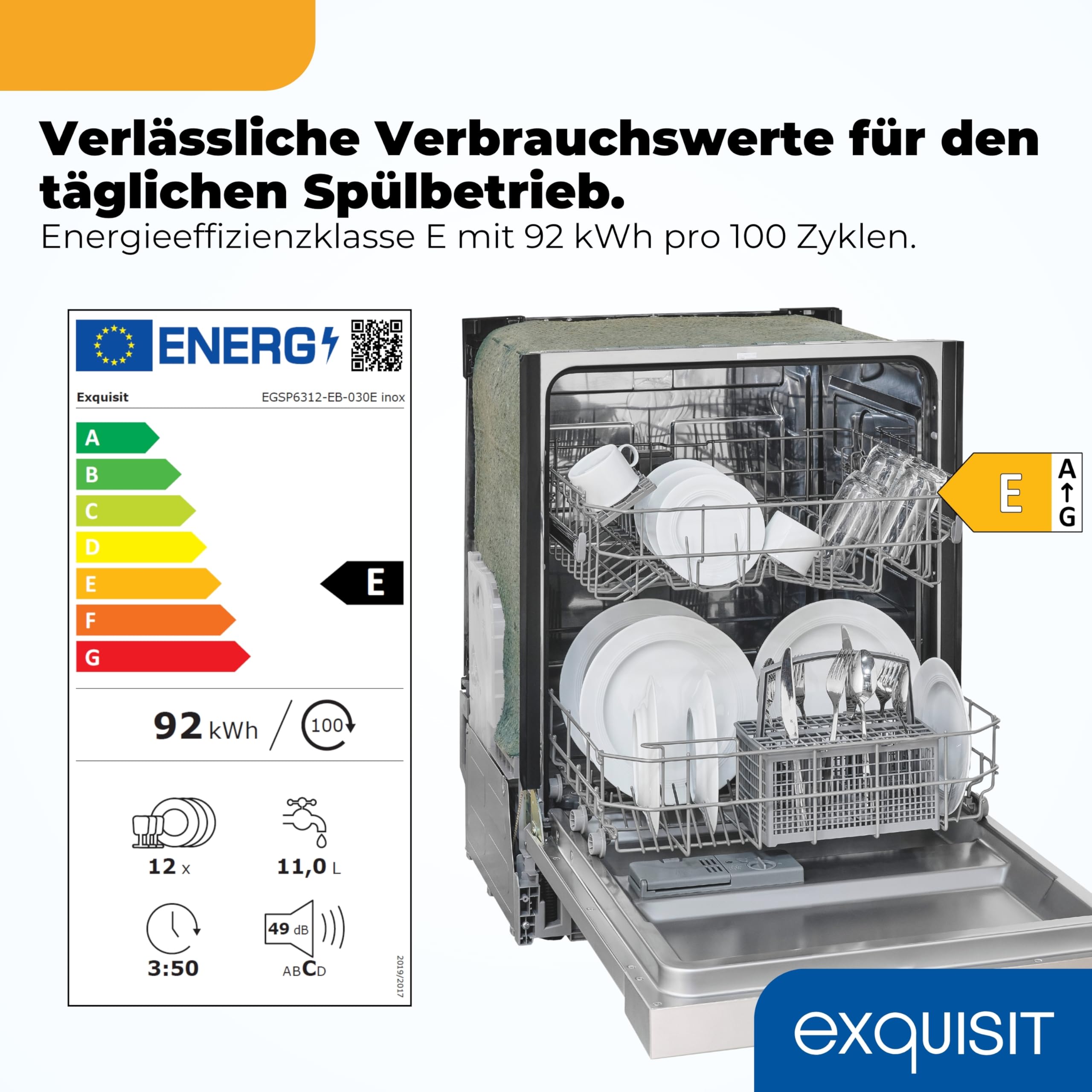 Exquisit EGSP56312 Einbau-Geschirrspüler - Teilintegriert 60 cm, 12 Gedecke | Spülmaschine mit 7 Programmen, Aquastop und Startzeitverzögerung. Inox-Blende, Halbe Beladung sowie LED-Display.