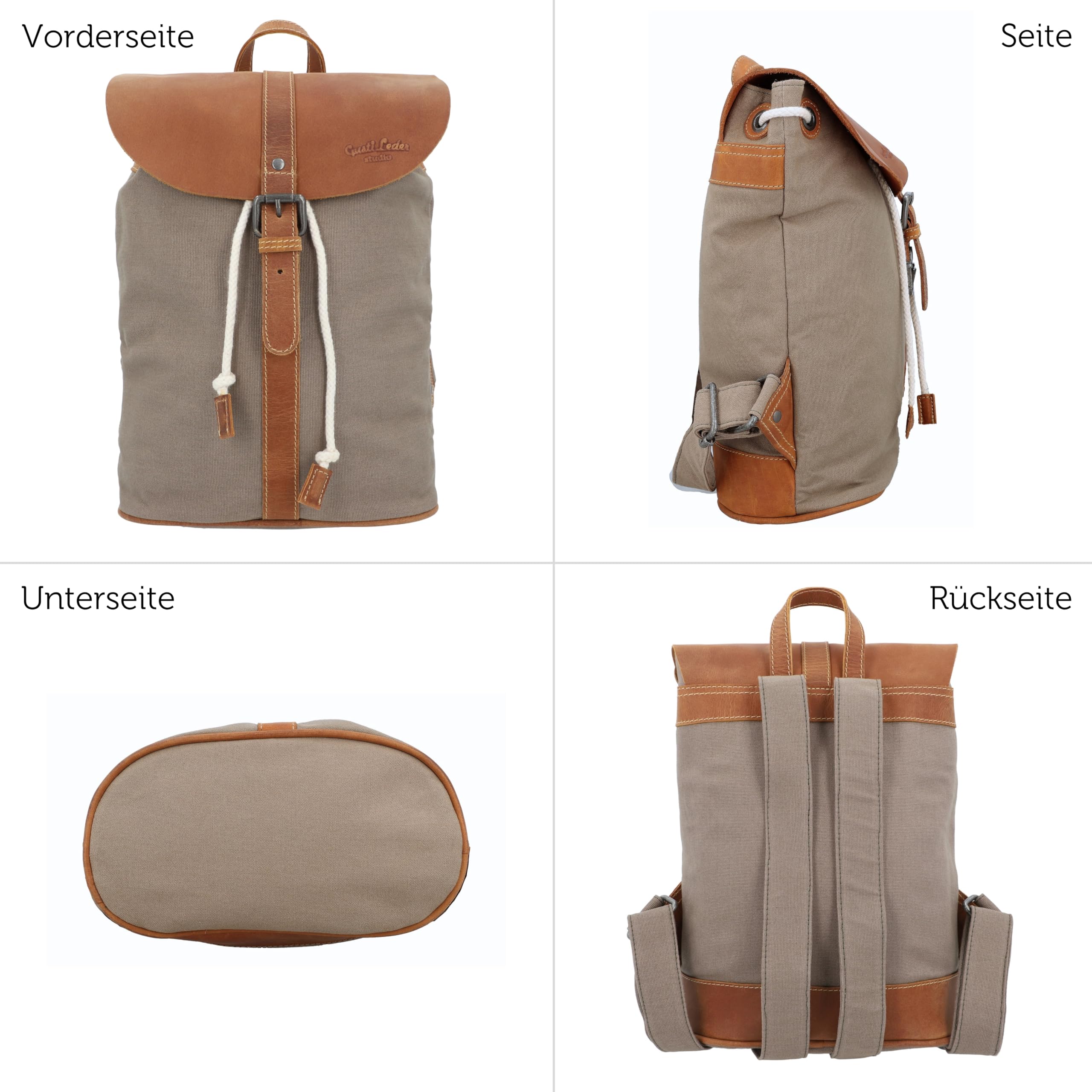 Gusti Rucksack Leder - Paula M Damen groß Cityrucksack Collegerucksack Unirucksack Daypack Schultasche Laptoptasche Laptoprucksack Lederrucksack Grau Canvas & Leder