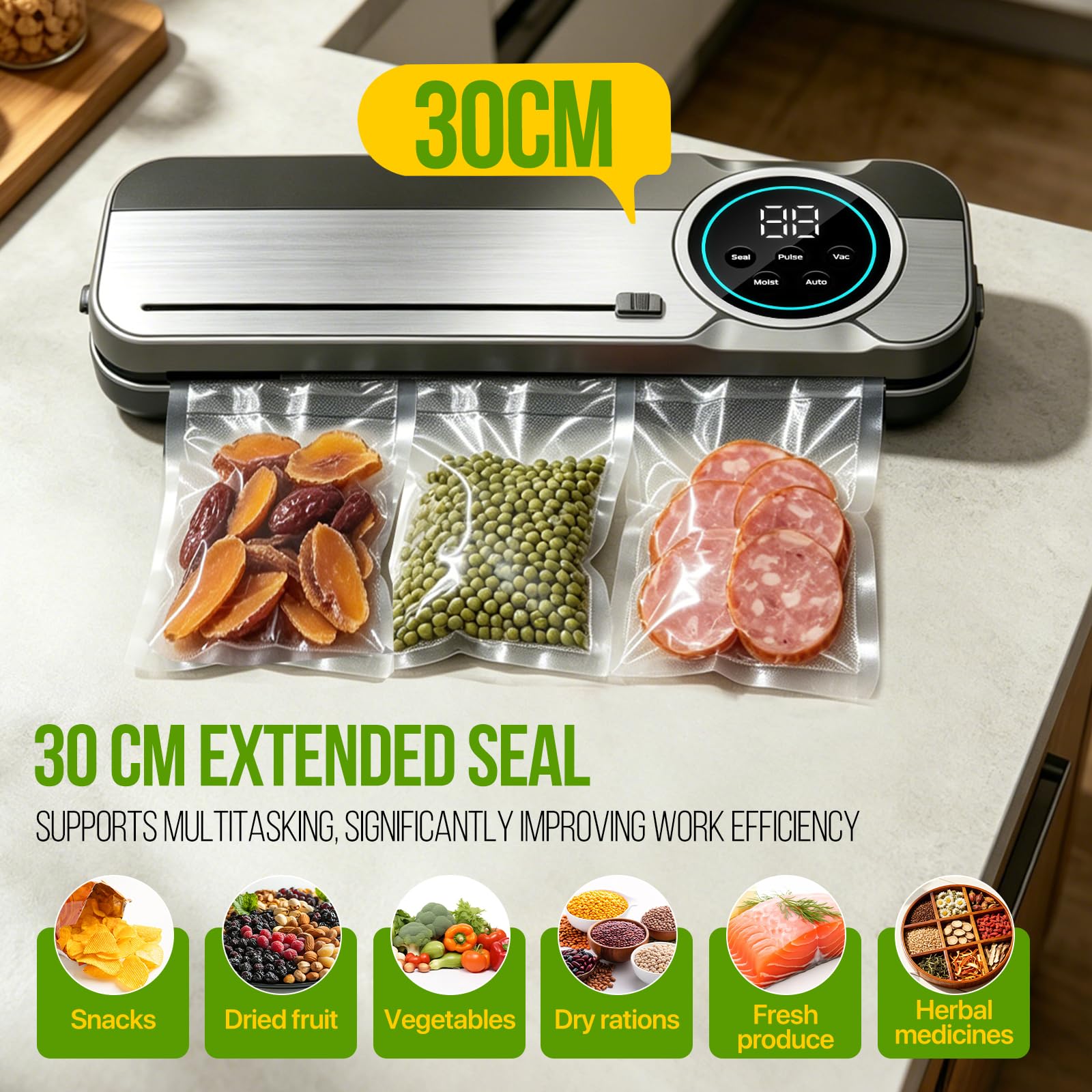 RoserRose 120W Machine Sous Vide Alimentaire 6 en 1, 75 KPA Appareils de Mise Sous Vide avec Modes Sec et Humide, UV, 50 Sac Sous Vide, Couteau de Coupe et Tuyau, Scellure Large 30 cm