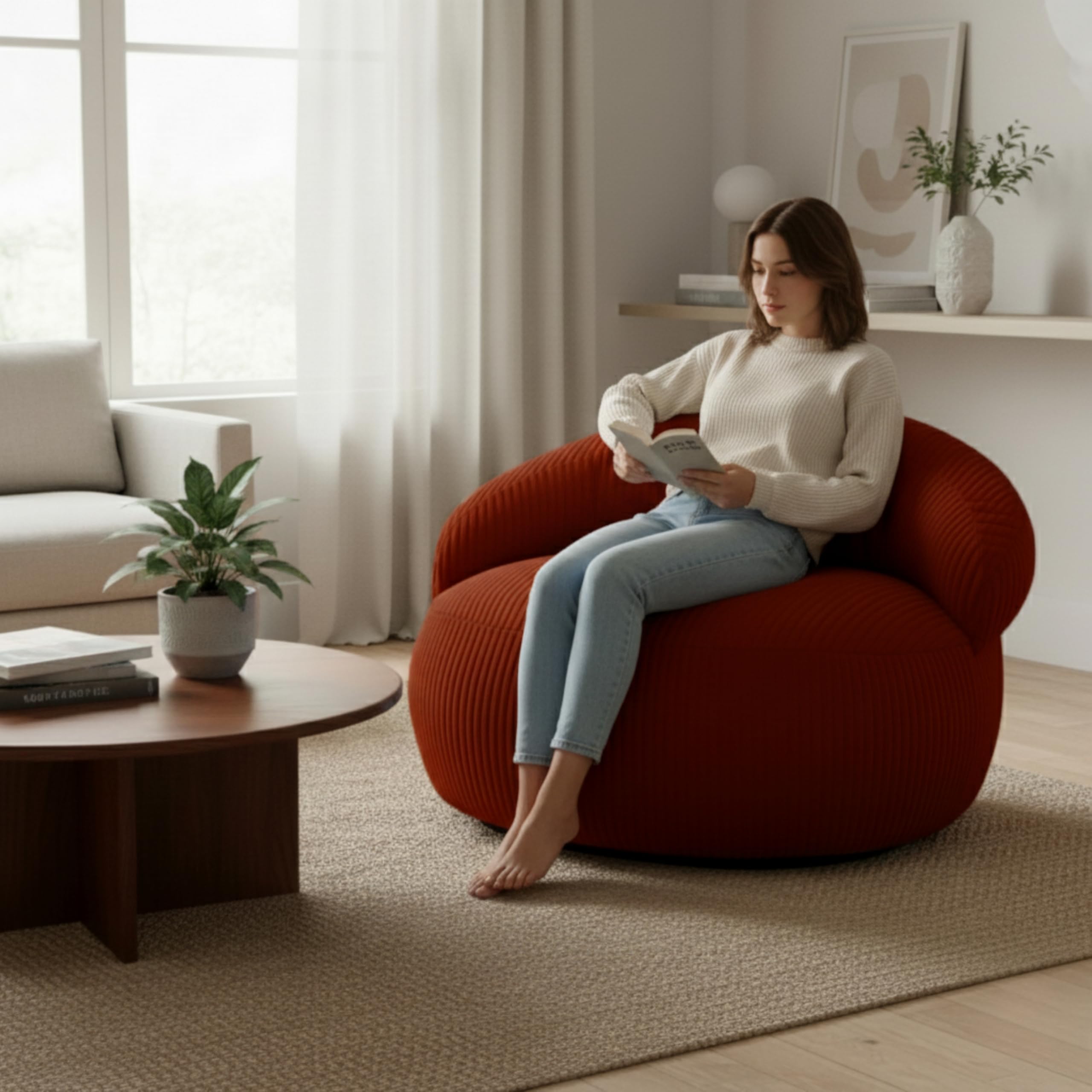 bananair – Puff Salón y Dormitorio en Pana - Puff Sillón XXL Suave y Elegante - Funda Lavable a Máquina - Ideal para Salón y Dormitorio, Adultos y Adolescentes (110 × 100 cm, Rojo Ladrillo)
