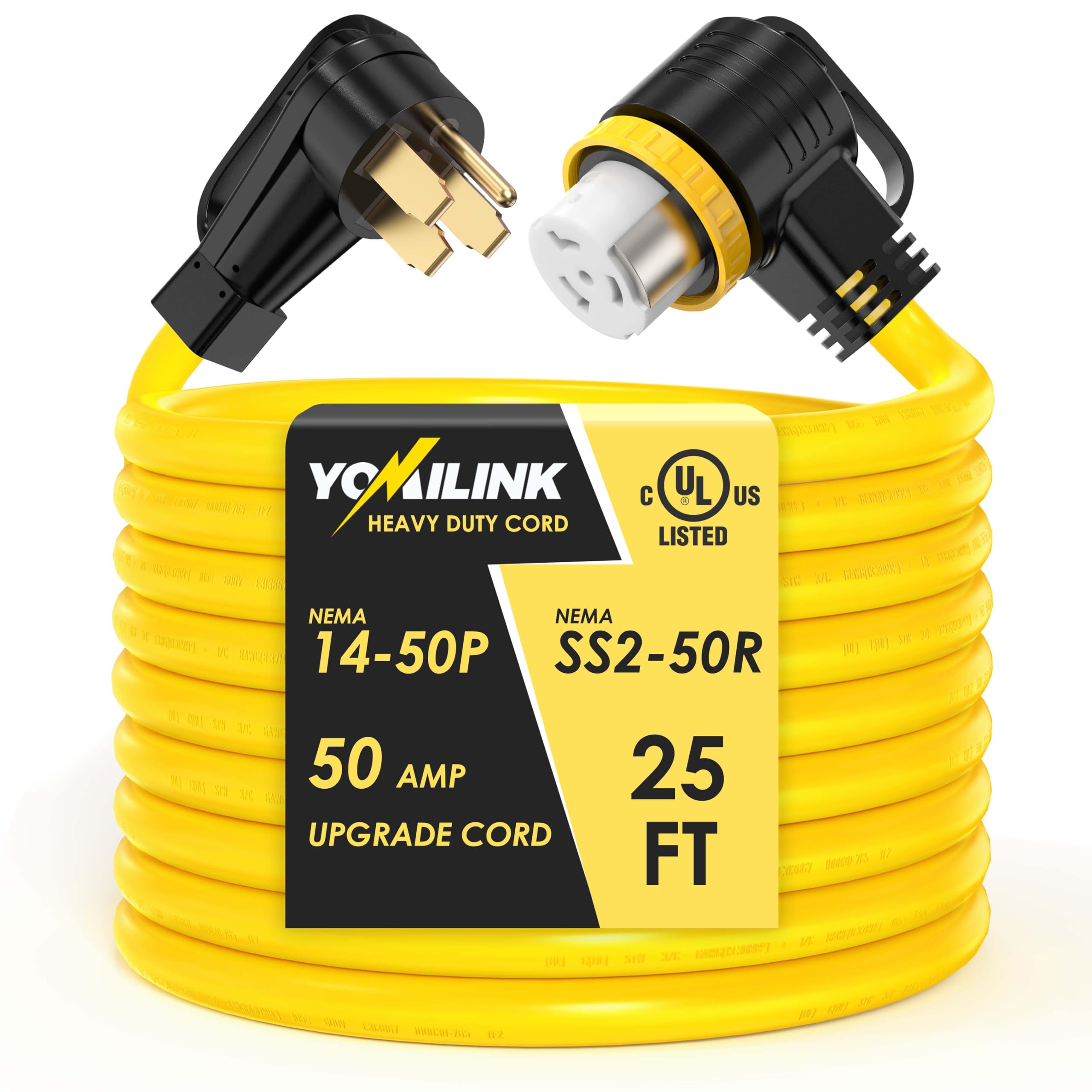 25 Feet 50 Amp RV/Generator Cord, UL Listed, 100% Copper Wire, NEMA 14-50P to SS2-50R Twist Lock, Newly Designed 90°Grip Handle, 6/3+8/1 Gauge STW Wire