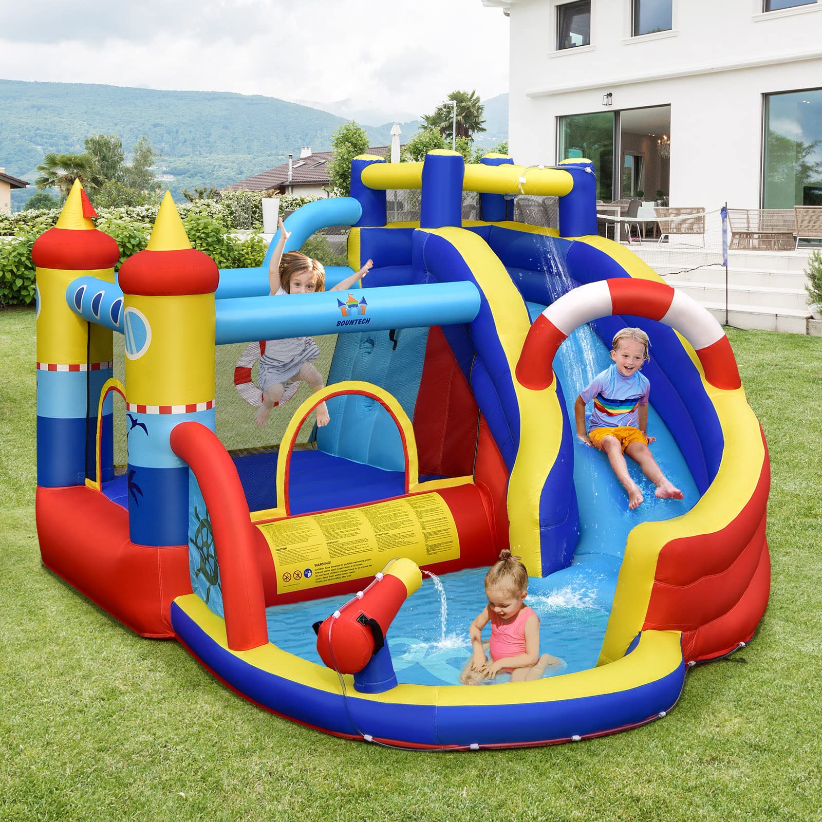 COSTWAY Aufblasbare Hüpfburg, 6-in-1 Wasserpark mit Rutsche, Planschbecken & Wasserkanone, Outdoor Bouncer Hüpfschloss Springburg für Kinder, Garten, 360 x 290 x 200 cm