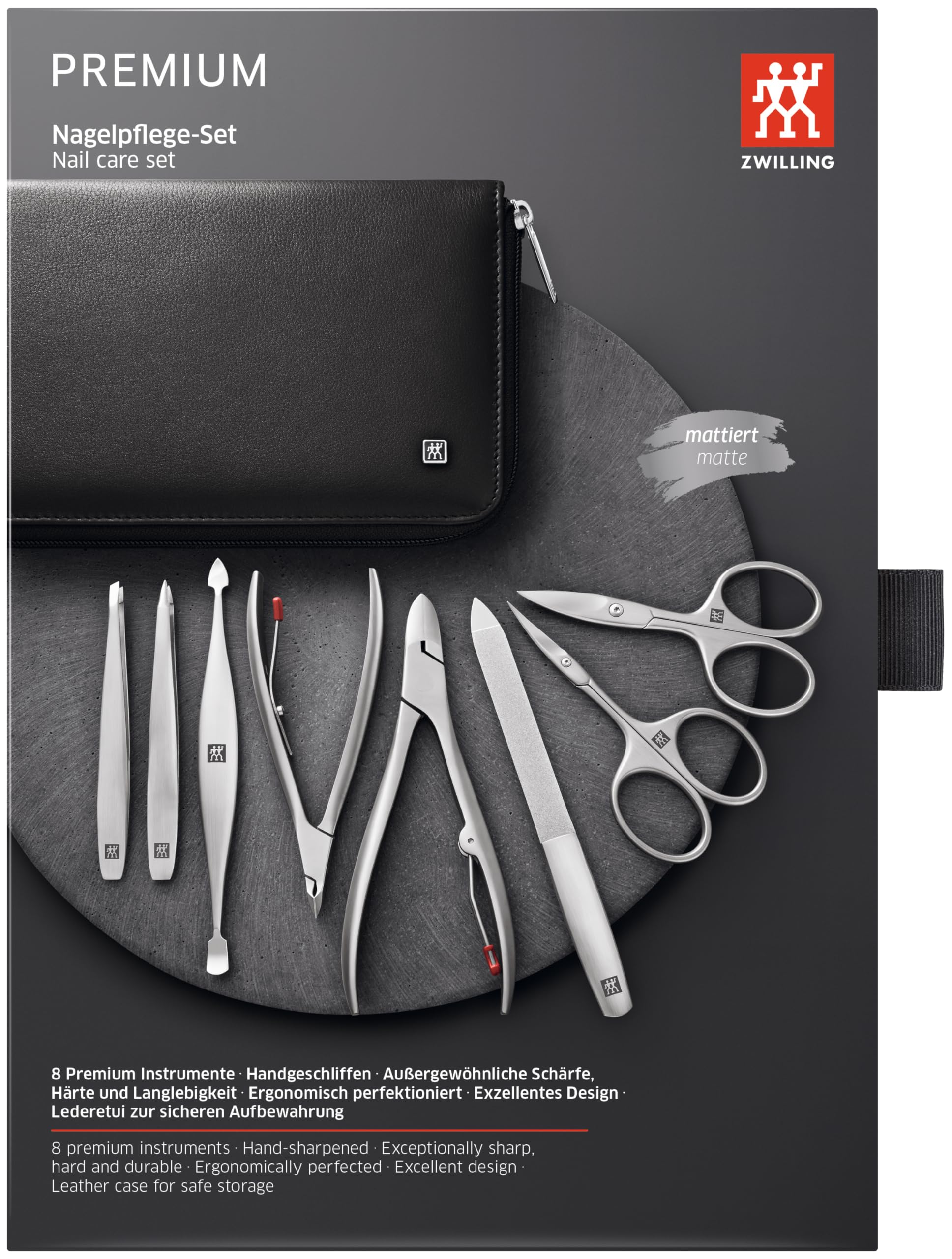 ZWILLING Maniküre-Set (8 teilig, komplette Nagelpflege, Pediküre, Echtleder Etui mit Reißverschluss), Premium, Schwarz