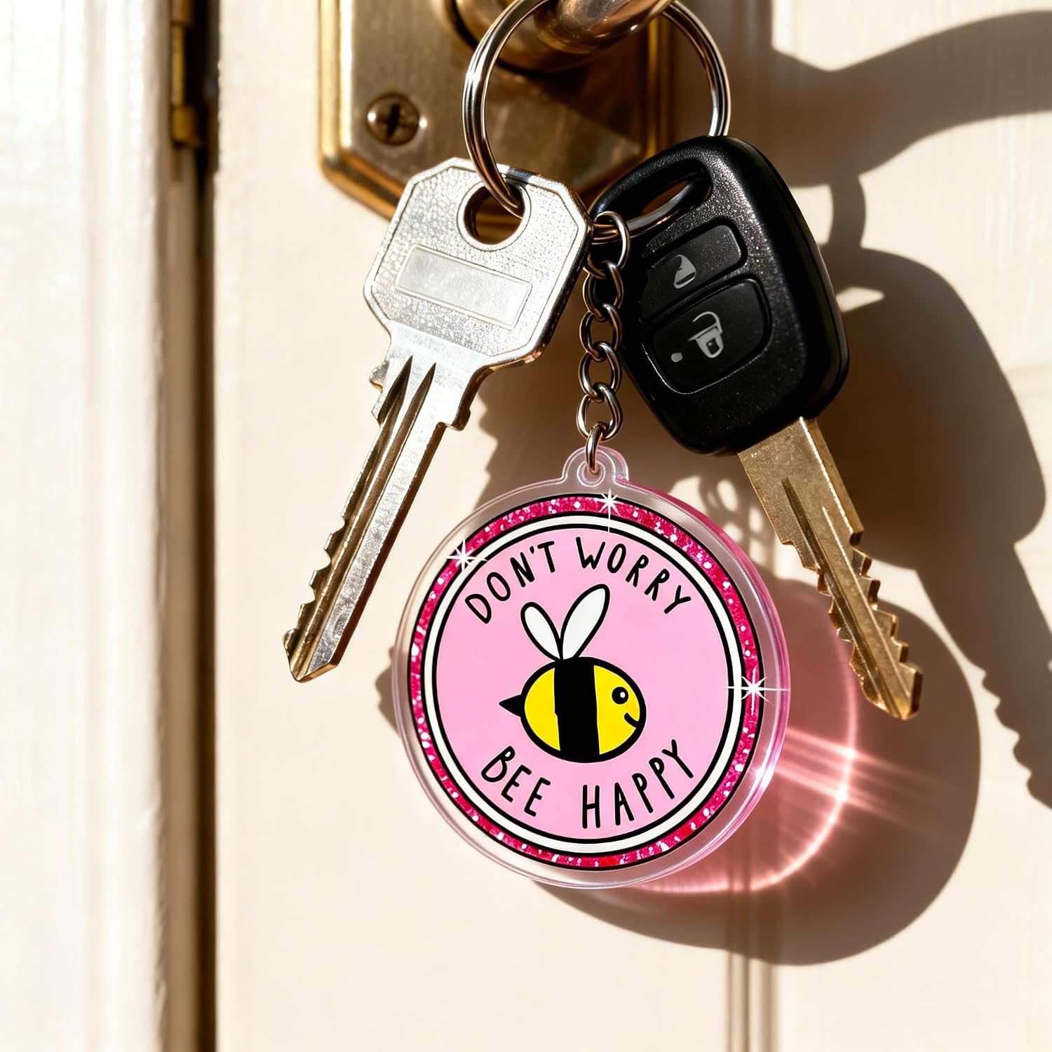 Don't Worry Bee Happy Keychain, Pink Acrylic Charm with Bee Design, Round Shape, 1.65 Inch, Split Ring Closure image 5