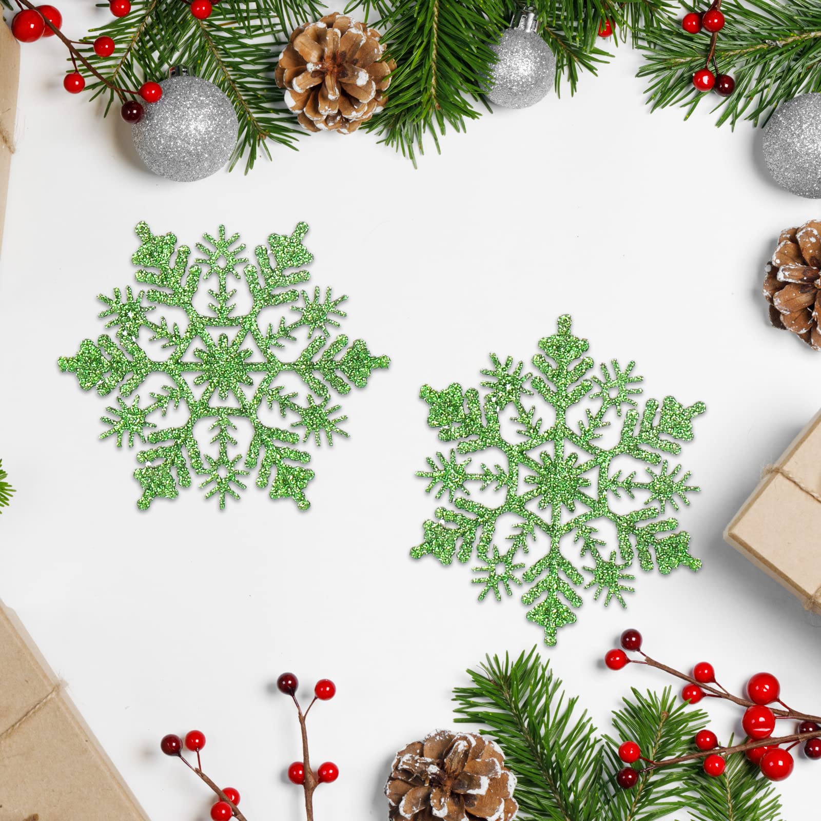 Luxtea 4''/10cm Sparkling Glittered Plastic Snowflake Ornaments Christmas Tree Decorations(30ct, Green)
