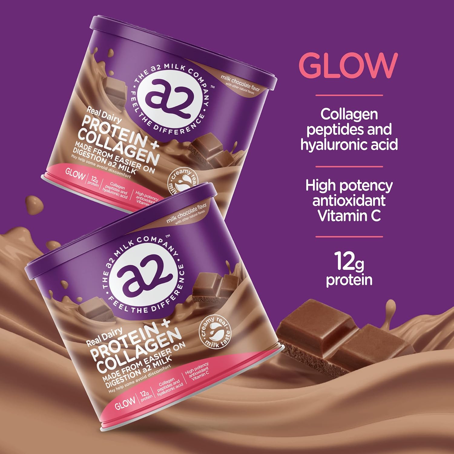 a2 Milk Protein + Collagen Nutritional Powder | Collagen Peptides, Hyaluronic Acid, Vitamin C | 12g Protein | Creamy, Delicious Milk Chocolate Flavor