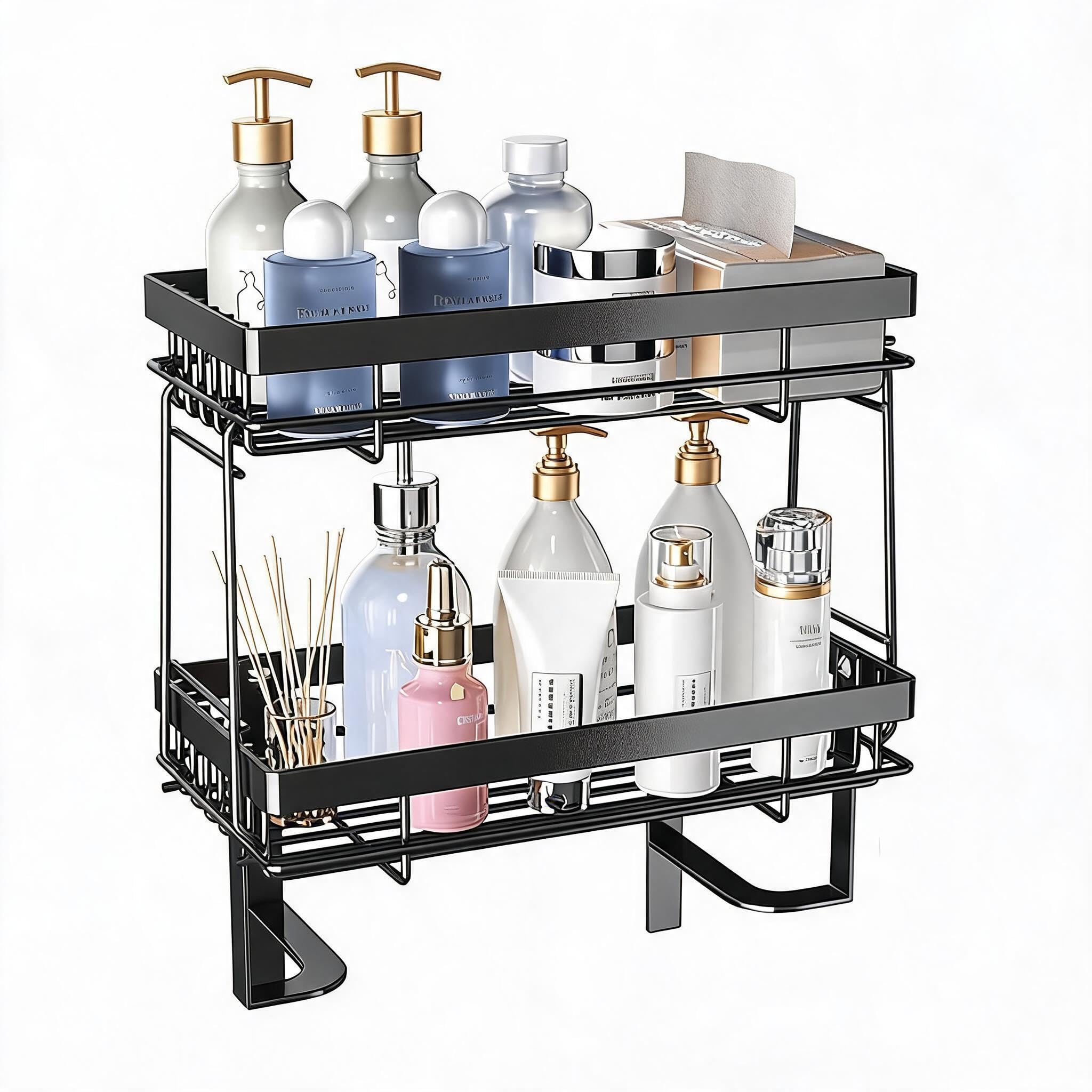 Garvee Scaffale salvaspazio sopra WC, organizer bagno sopra toilette | - Installazione senza fori (no drilling) - 3 ripiani - tre strati neri