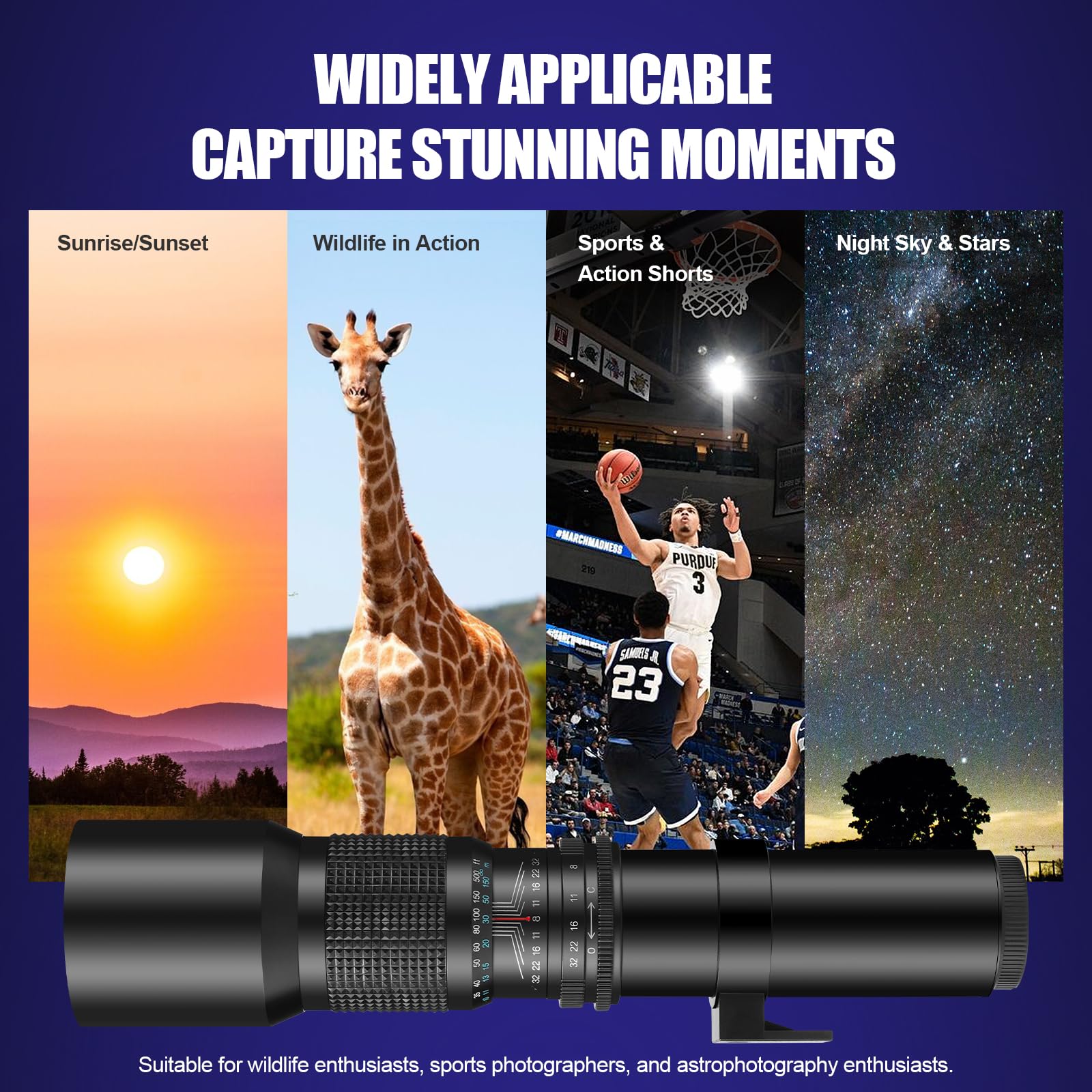 JINTU 500mm-1000mm f/8 Téléobjectif Manuel Caméra Lentille pour Canon EF EOS 7D, 60D, EOS Rebel SL1, T1i, T2i, T3, T3i, T4i, T5i, XS, XSi, XT, XTi 4000D 2000D 1300D 1200D 850D 800D 750D 200D 90D 80D