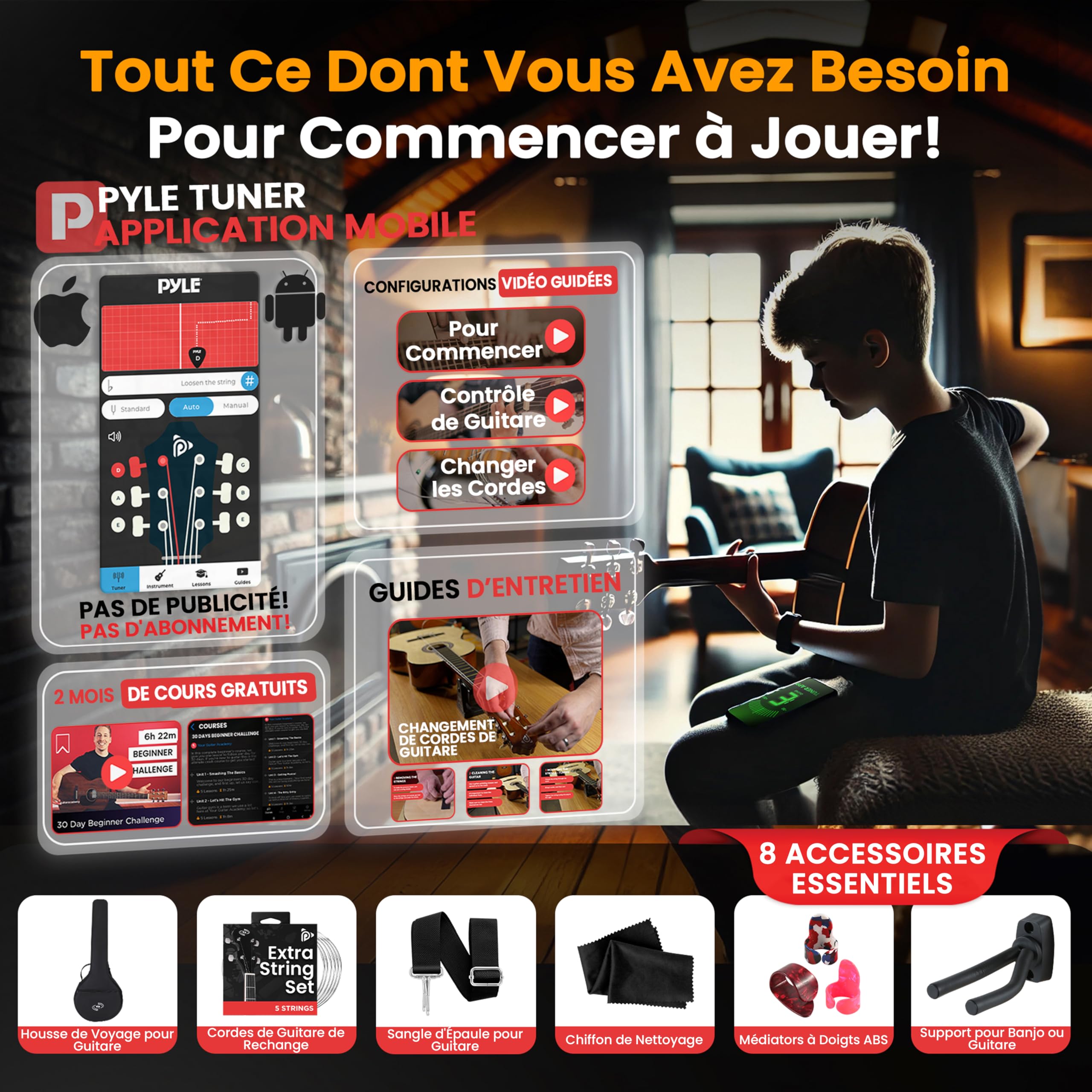 Pyle Banjo Kit avec Tête Remo et Résonateur en Sapelli, Instrument Traditionnel Taille Réelle de 99 cm – Banjo 5 cordes - Dos Ouvert ou Fermé, 24 Supports - Kit d'Accessoires Premium (Éclat Rouge)