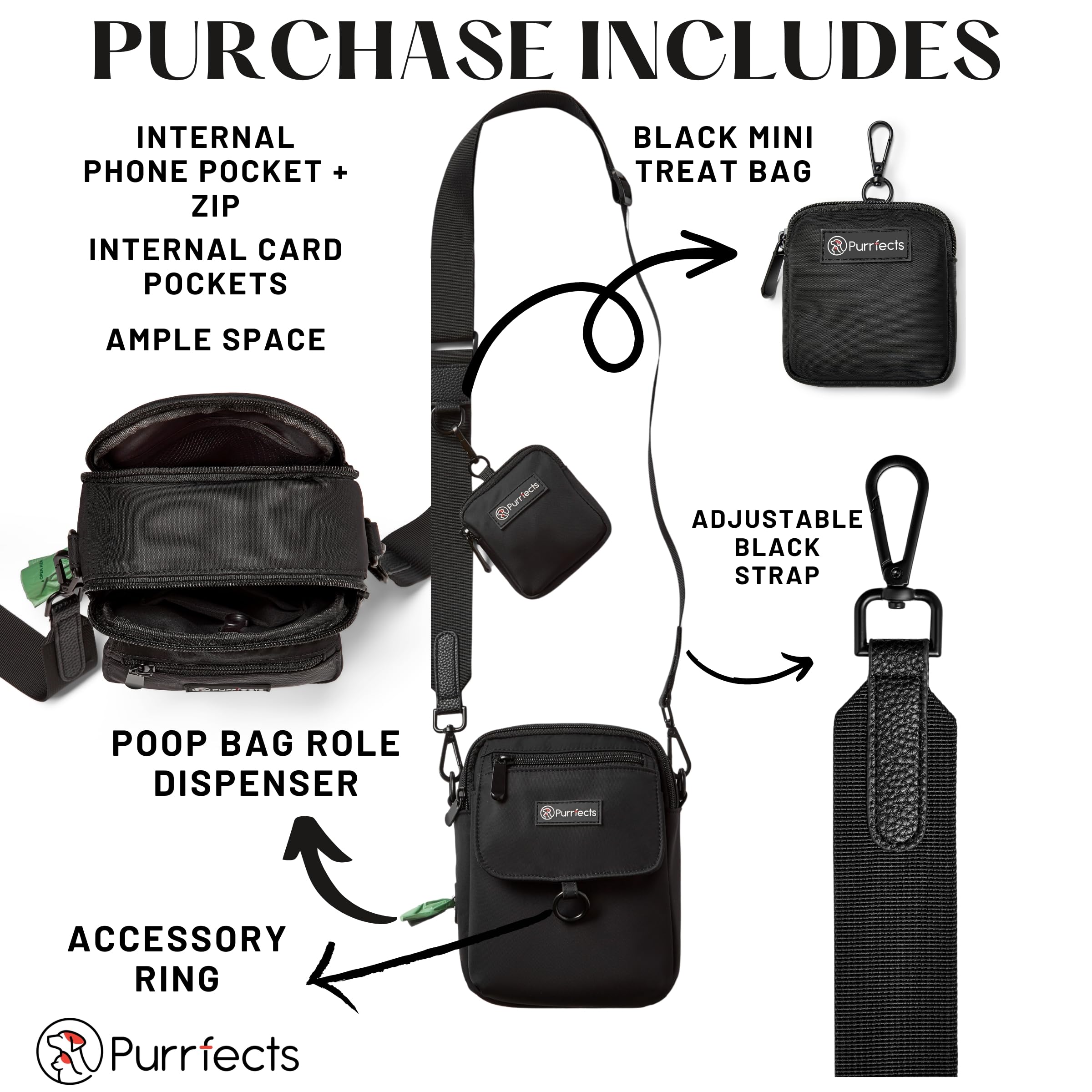 Dog Walking Bag with Dog Treat Pouch, Poop Bag Roll Dispenser, Adjustable Strap Durable Treat Pouch for Dog Training (Black) - Image 2