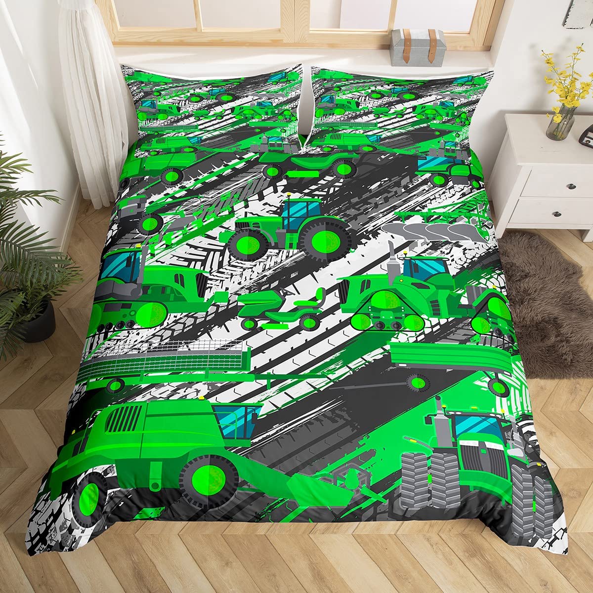 Juego de cama de excavadora para niños de construcción de camiones de coches funda de edredón para niños maquinaria vehículos funda de edredón transpirable verde gris ropa de cama y lino y ropa de ca