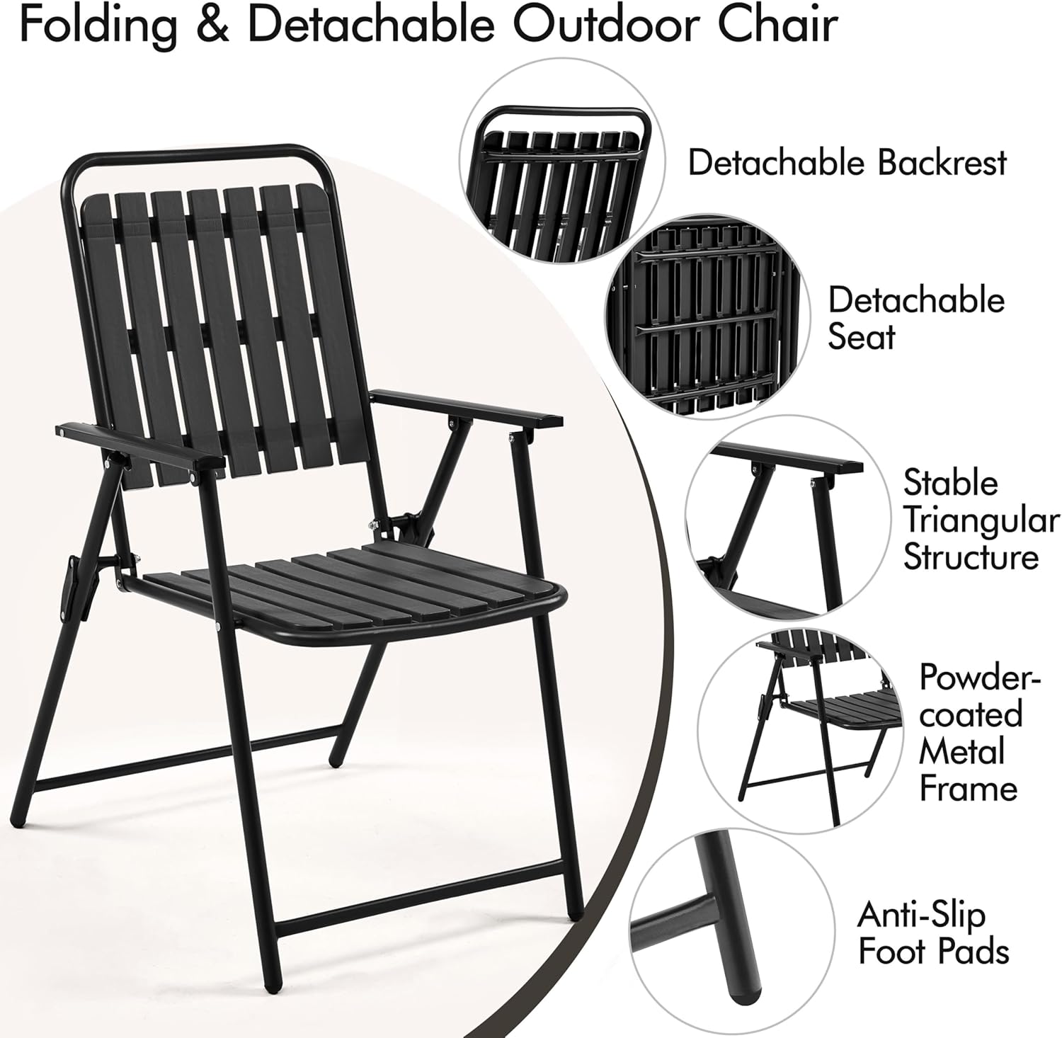 Yaheetech Folding Patio Chair Set of 2, Outdoor Dining Chair with Armrests, Plastic Patio Chair for Porch, Deck, Garden, Backyard, No Assembly Black