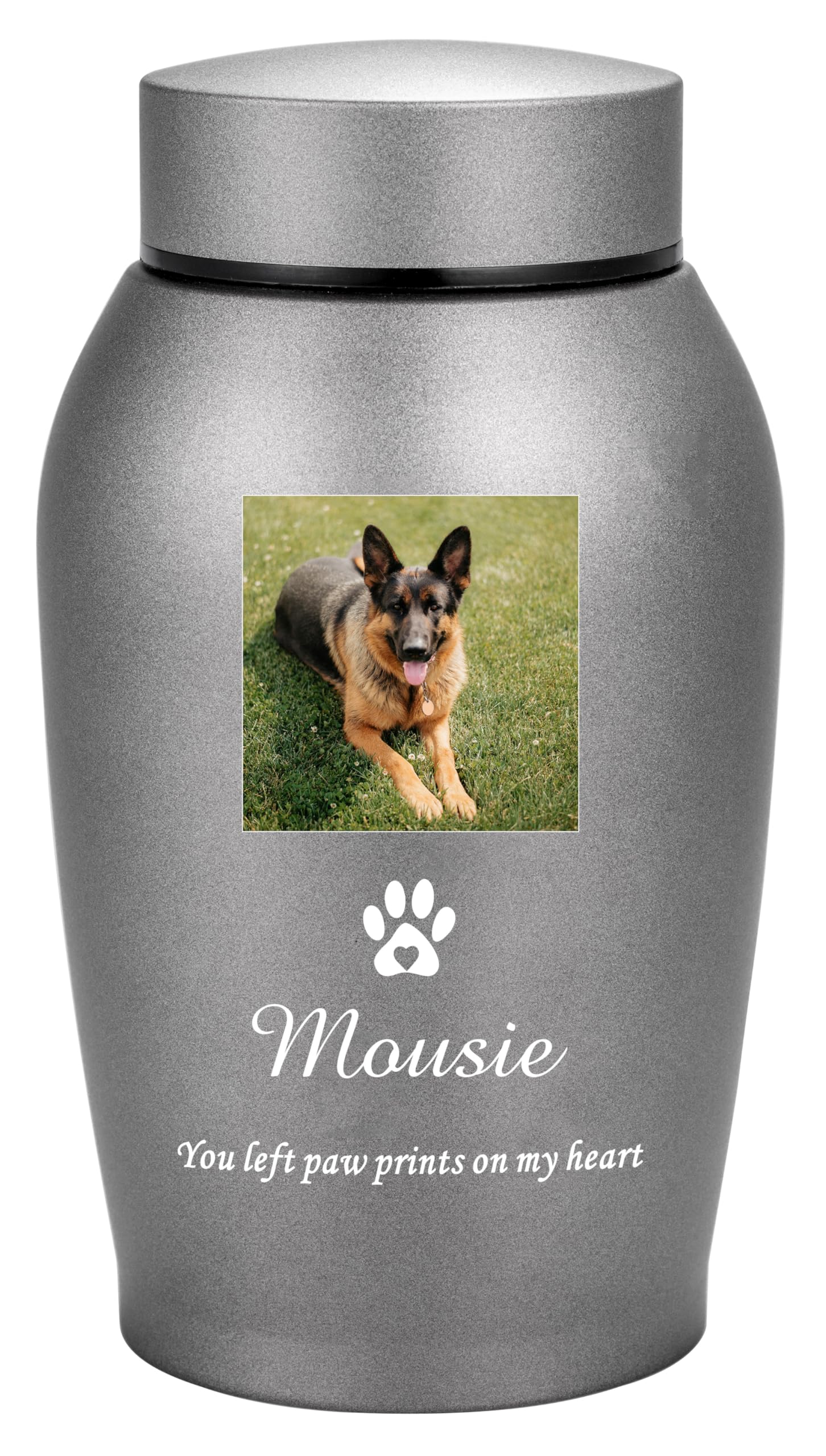 Personalised Pet Memorial Urn with Paw Prints, Stainless Steel Cremation Keepsake for Dog or Cat Ashes, Custom Photo Vase for Remembrance