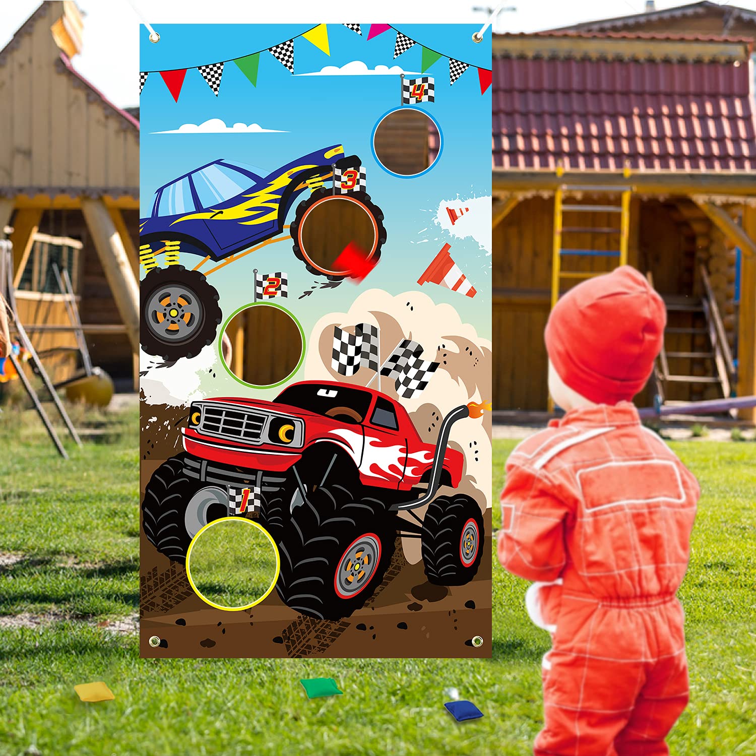 BeYumi Monster Truck Toss Game Banner with Bean Bags Checkered Party Game for Indoor Outdoor Activities 4 Score Holes Monster Truck Theme Birthday Party Supplies for Kid Adult - Image 5