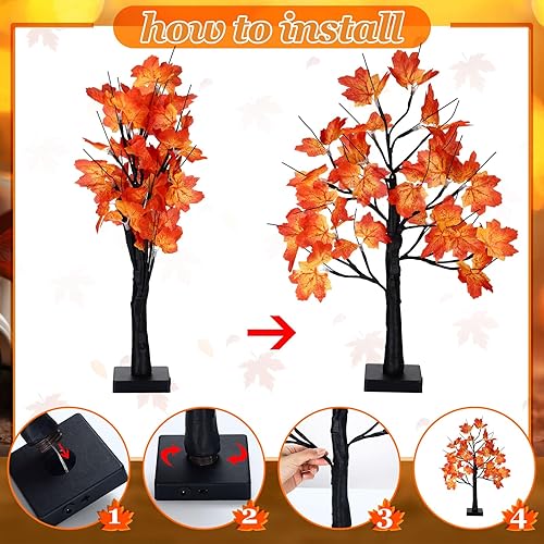 Miniatura 6 de Ganeen 2 piezas de decoraciones de Acción de Gracias para interiores y otoño, árbol de arce iluminado de 24 pulgadas, decoración de árbol artificial