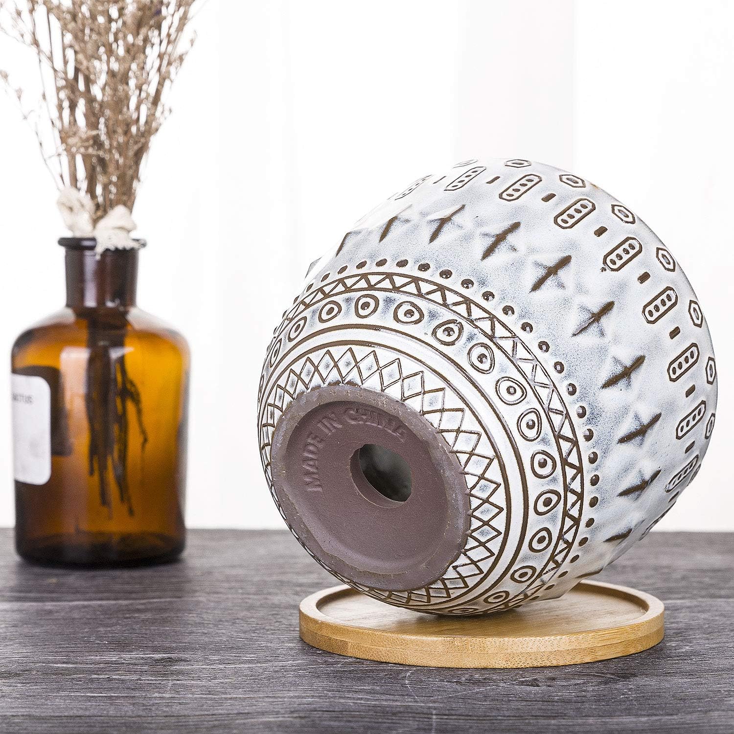 VanEnjoy 5.5 inch Large Round Bohemian Style Ceramic Planter, Geometry Engrave Off White Brown Succulent Planter Flower Pot, Indoor Outdoor Decorative Planter - Image 3