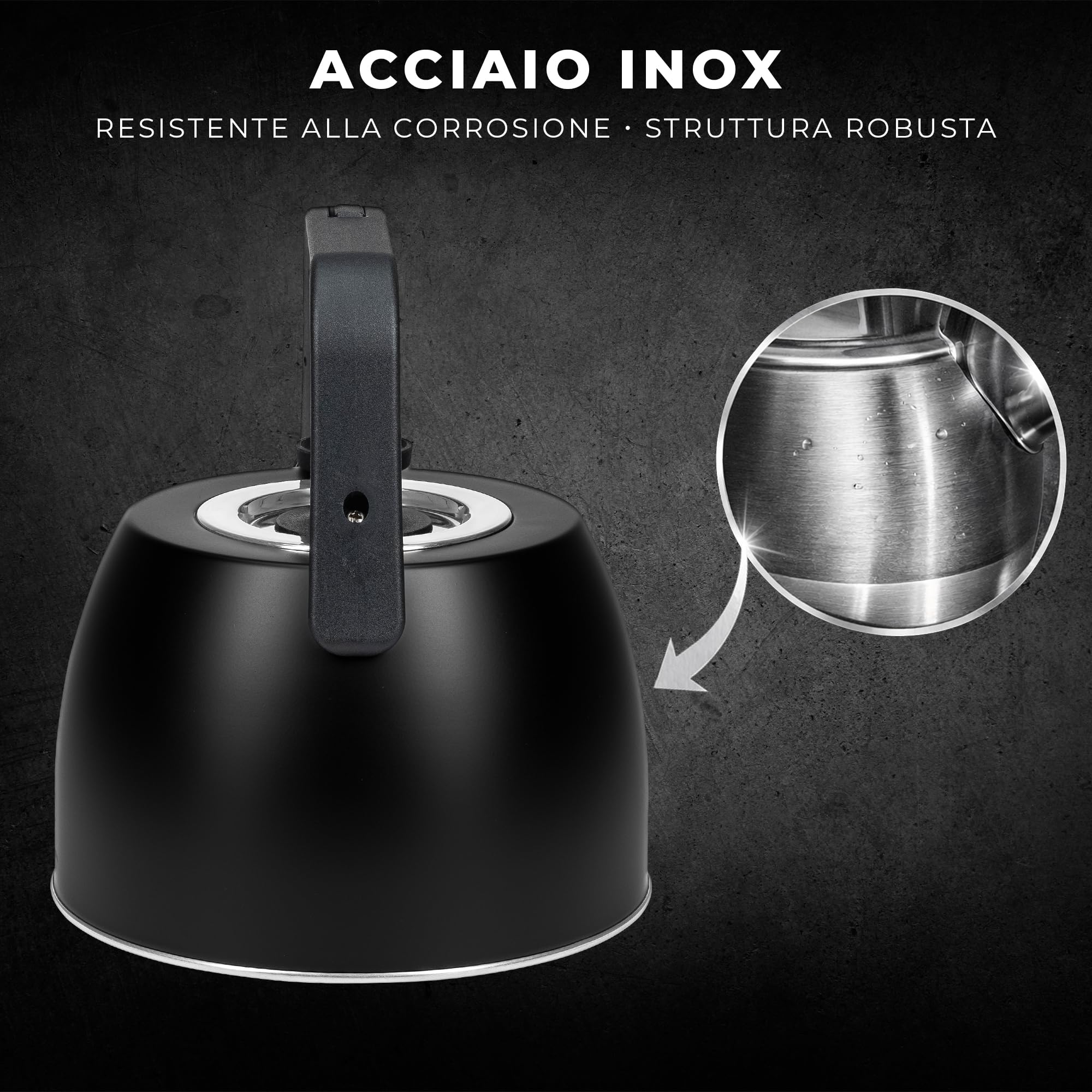 KARL HAUSMANN Bollitore Induzione 2,5L Acciaio Inox con Fischio - Teiera per Piano a Gas, Vetroceramica ed Elettrico - Bollitore Acqua Cucina con Coperchio (Nero)