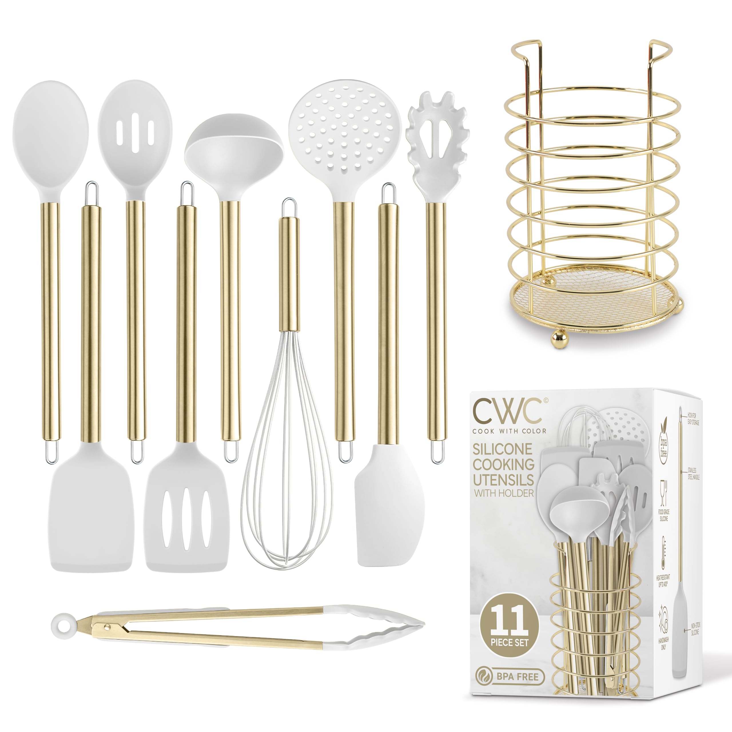COOK WITH COLOR Silicone Cooking Utensils, Kitchen Utensil Set, Easy to Clean Silicone Kitchen Utensils, Cooking Utensils for Nonstick Cookware, Kitchen Gadgets Set with Holder, 10 Pieces