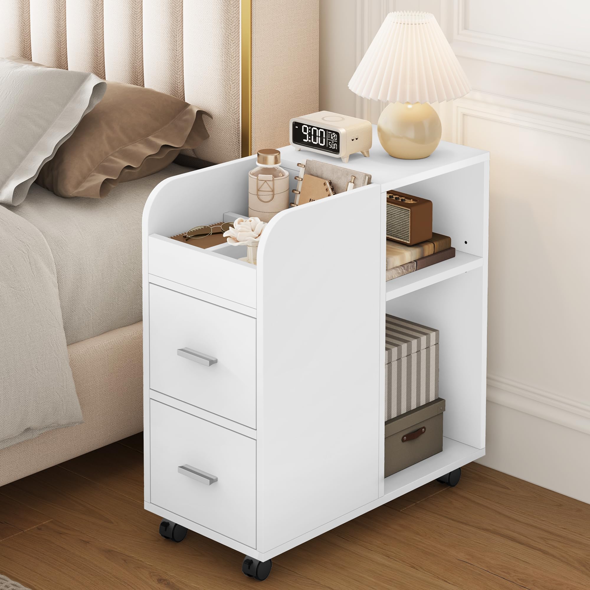 YITAHOME Rollcontainer mit 2 Schubladen, Aktenschrank mit verstellbarem Regal und Ablagefächern, Multifunktionaler Büroschrank Beistelltisch für Wohnzimmer, Schlafzimmer, Büro, Weiß