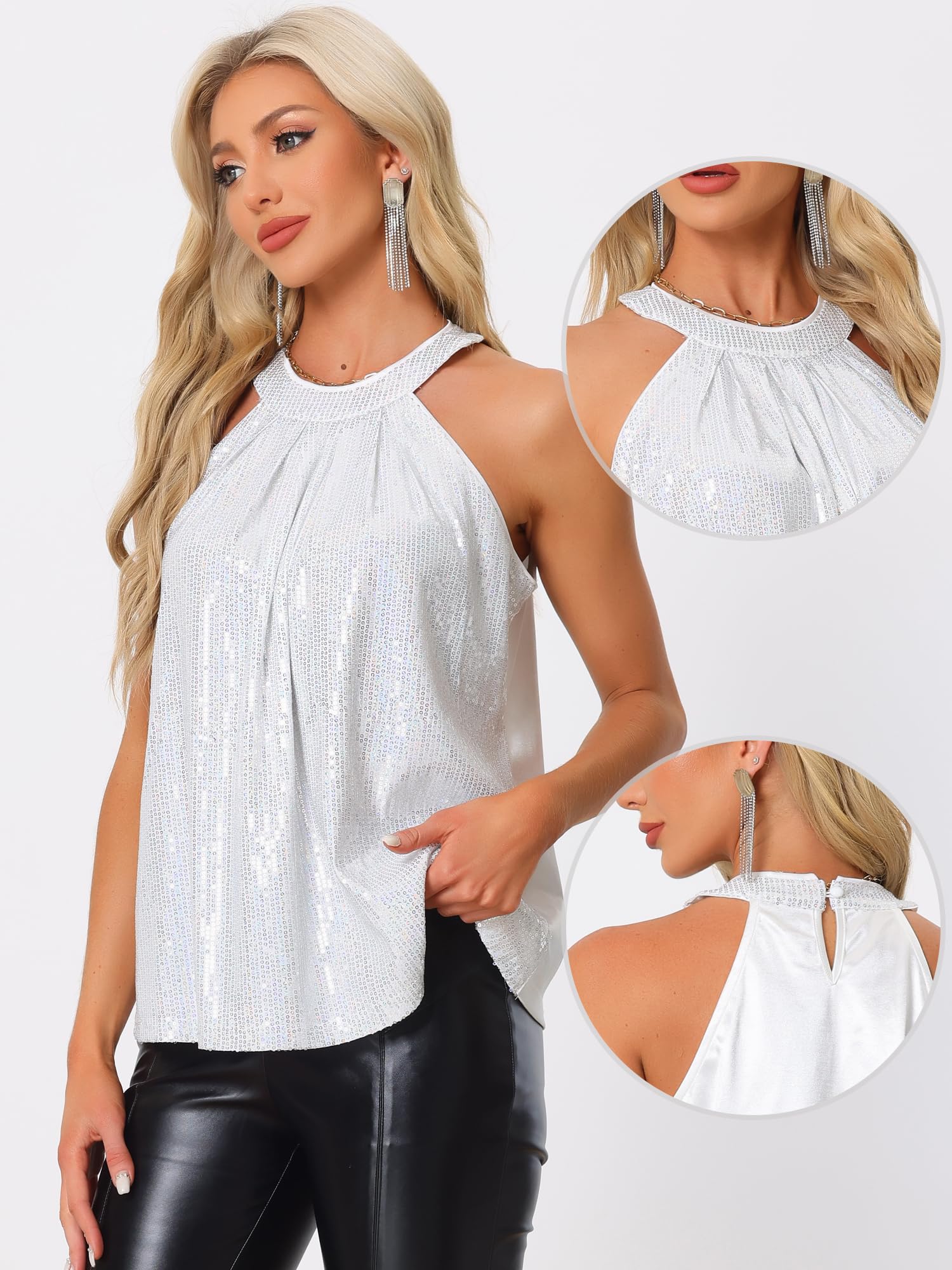 Allegra K Mujer Top Halter sin Mangas Lentejuelas Brillantes Fiesta Cóctel
