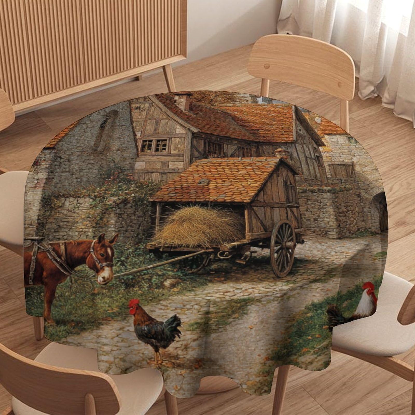 LUYYSKY Vintage Oil Painting Donkeys Waterproof Round Tablecloth Rustic Watercolor Stone House Animals Chickens Roosters Pattern Washable Table Cover for Kitchen-177.8" Wx177.8 L cm