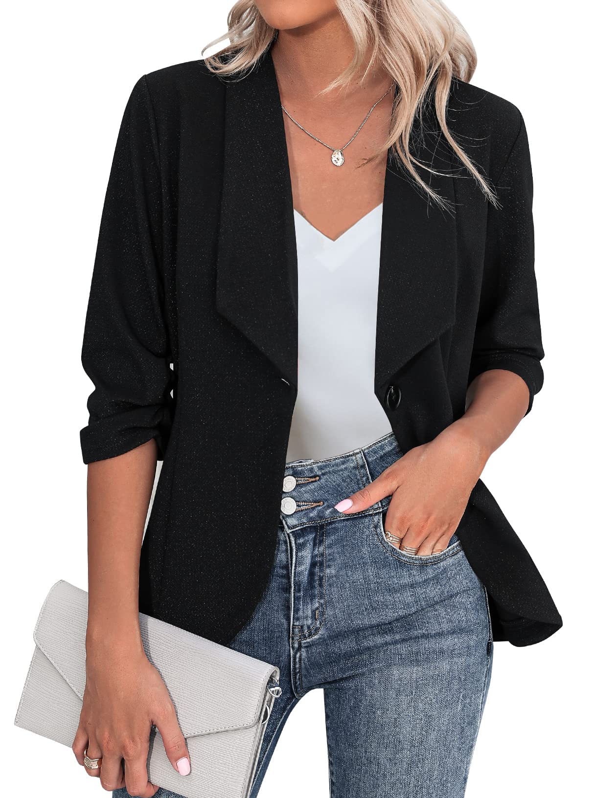 Zeagoo Blazer elegante, chaqueta de mujer de manga 3/4 para negocios, corte ajustado, con solapa, blazer casual, trabajo, tallas S-3XL