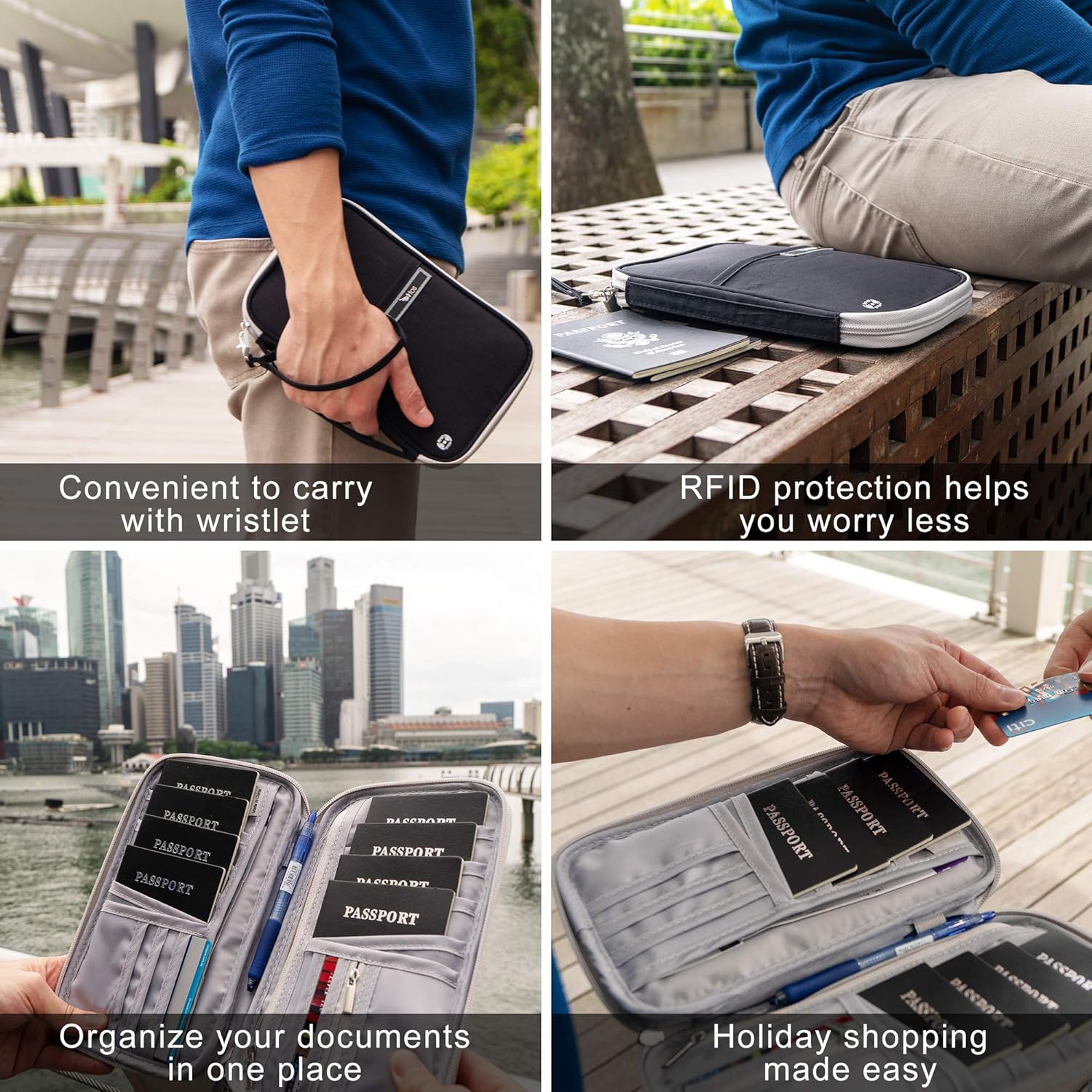 8 Multiple Passport Document Family Travel Wallet Organizer w/RFID Blocking, Black, OneSize, RFID Wallet