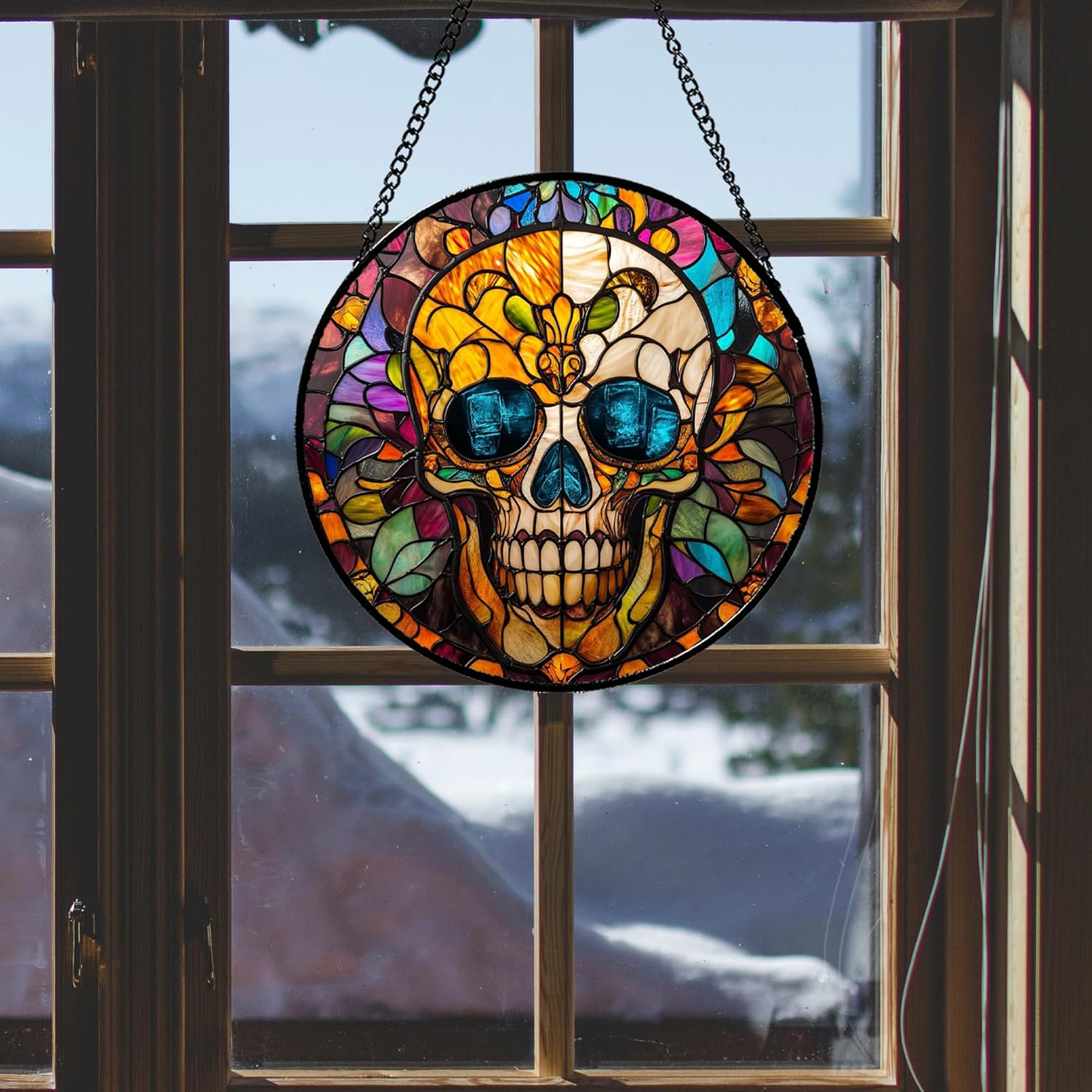 Stained Glass Window Hanging Halloween Retro European Colorful Skull Large 15" - Suncatcher Door Garden Sun Catcher Gothic Decor Birthday Horror Funny Gift for Mom Woman Nana Friend Men