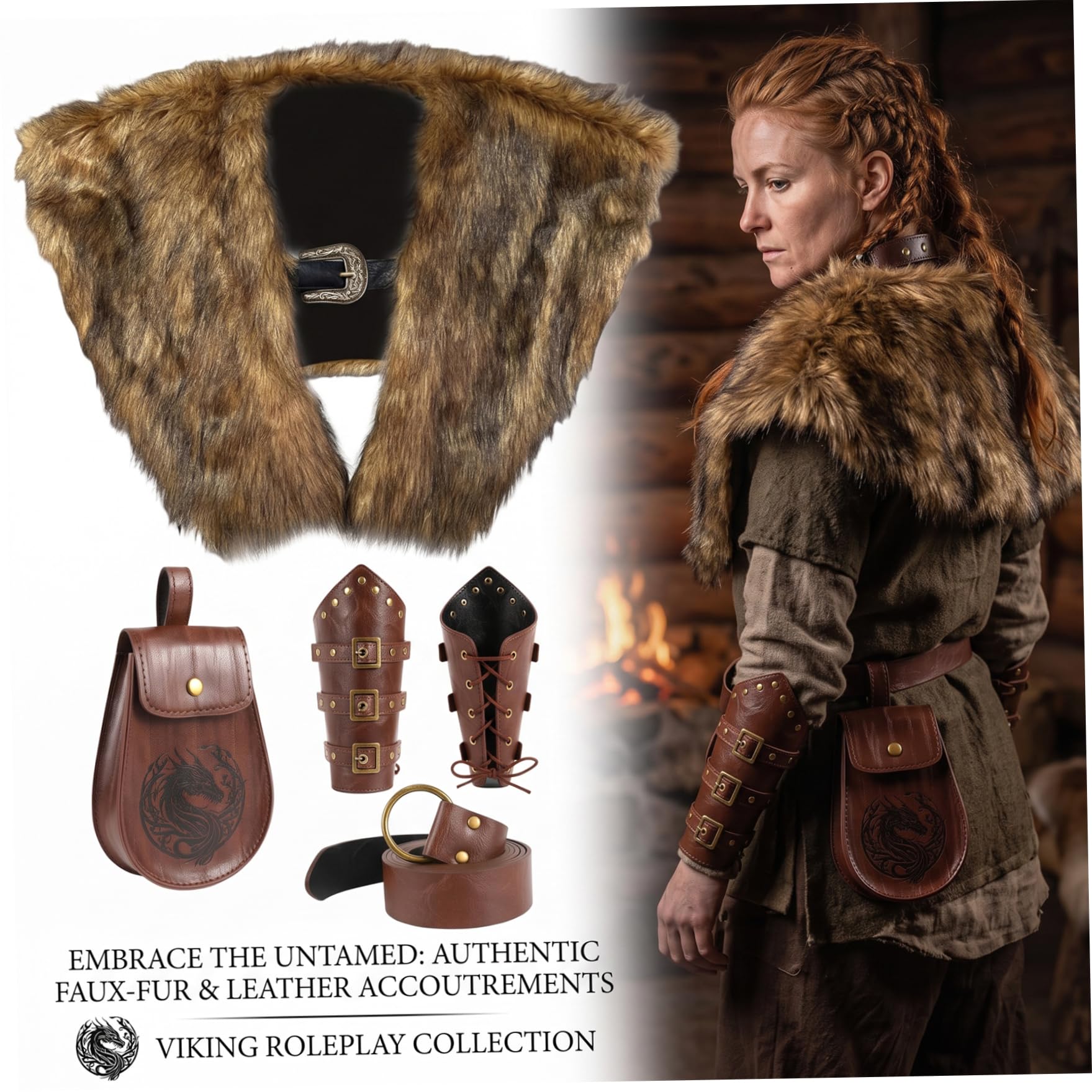 Costume da mantello in pelliccia sintetica da uomo vichingo, taglia unica da 5 pezzi, per costume di Halloween cosplay vichingo
