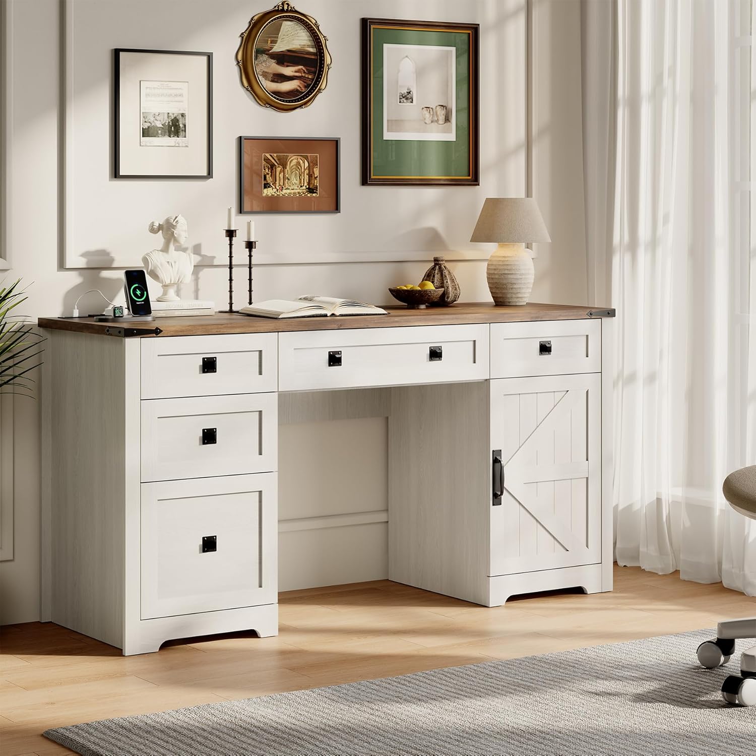 61" Farmhouse Executive Desk with Drawers, Wood Home Office Desk with File Cabinet, Charging Station and Storage Cabinet, Computer Desk Workstation for Work and Study, Antique White
