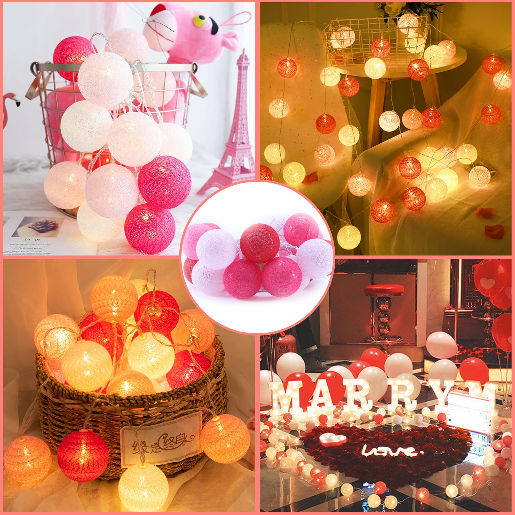 YeahBoom Guirlande Lumineuse Coton Boules Alimenté par Pile,300CM 20LED Guirlande Lumineuse Boule,pour Noël Halloween Anniversaire Mariage Chambre Enfant Fête