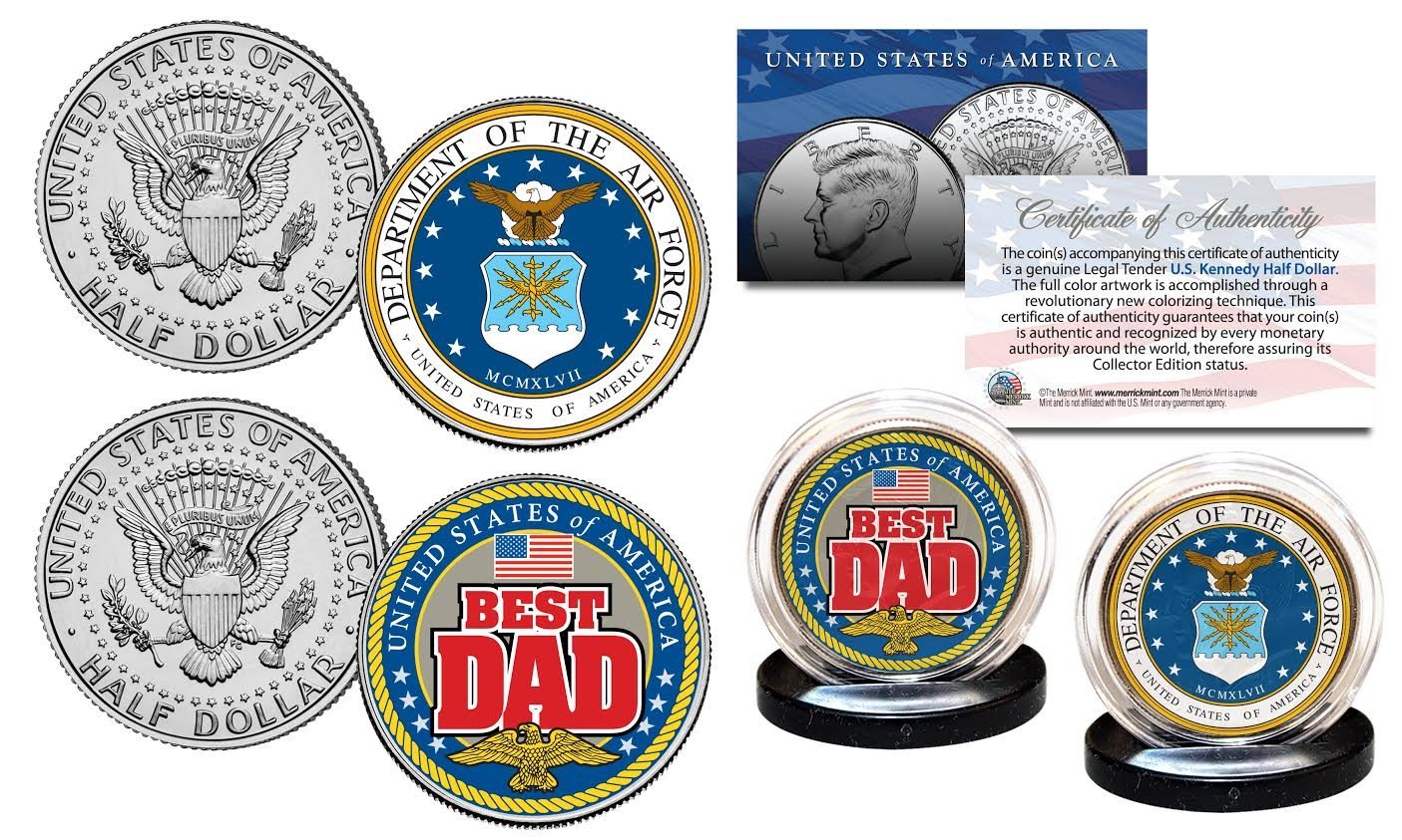 AIR Force - Fathers Day Best Dad Military 2-Coin U.S JFK Kennedy Half Dollar Set
