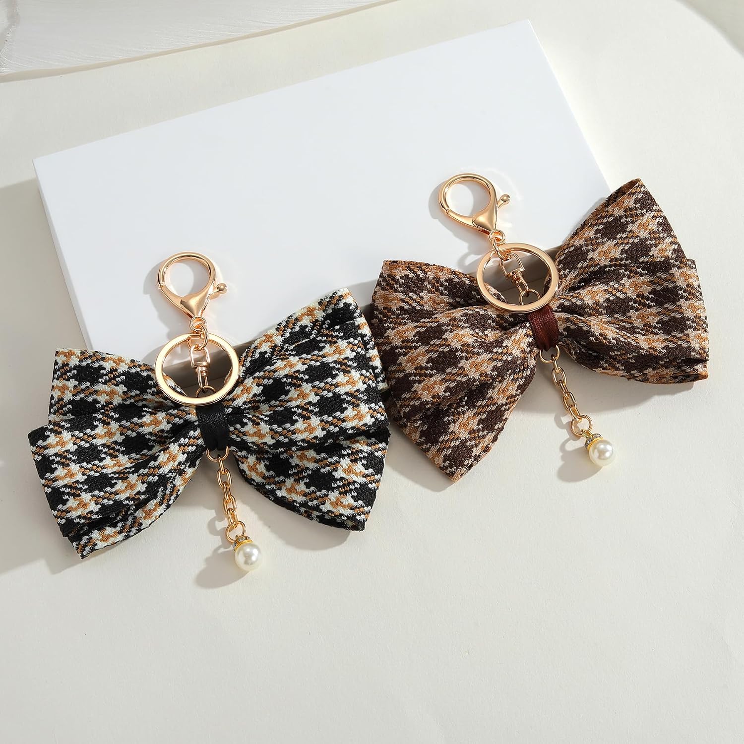2 pcs Pack Leopard Print Pearl Plaid Bow Bowknot Bag Charms Purse Handbag Backpack Keychain Accessories image 4