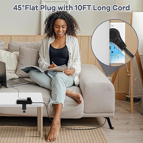 Miniatura 9 de Regleta de alimentación con abrazadera de escritorio, estación de carga rápida USB C de 20 W, cable de extensión de enchufe plano de 10 pies con 4