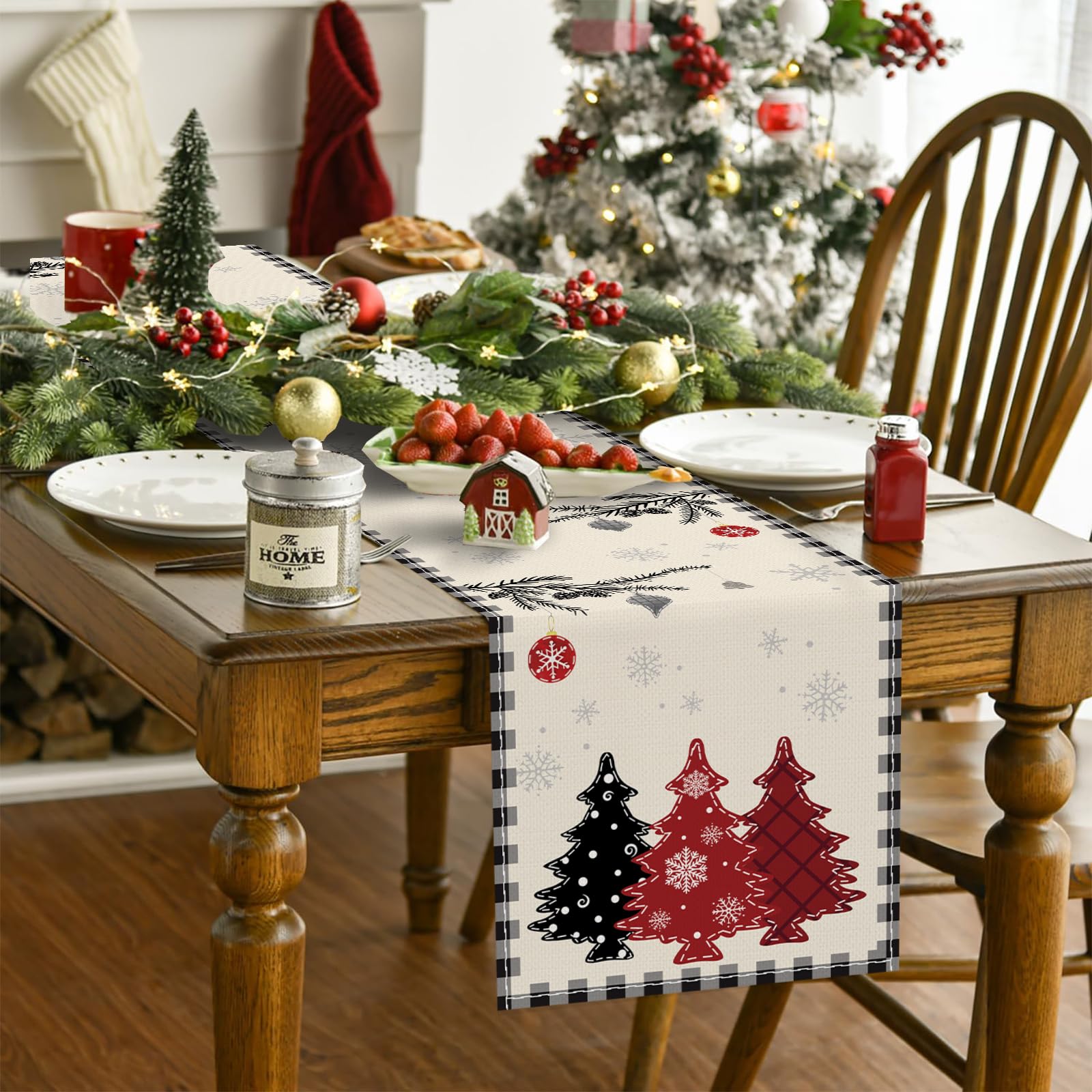 Christmas Table Runner 230x33cm, White Modern Christmas Decorations With Snowflake Pine Tree - Image 2