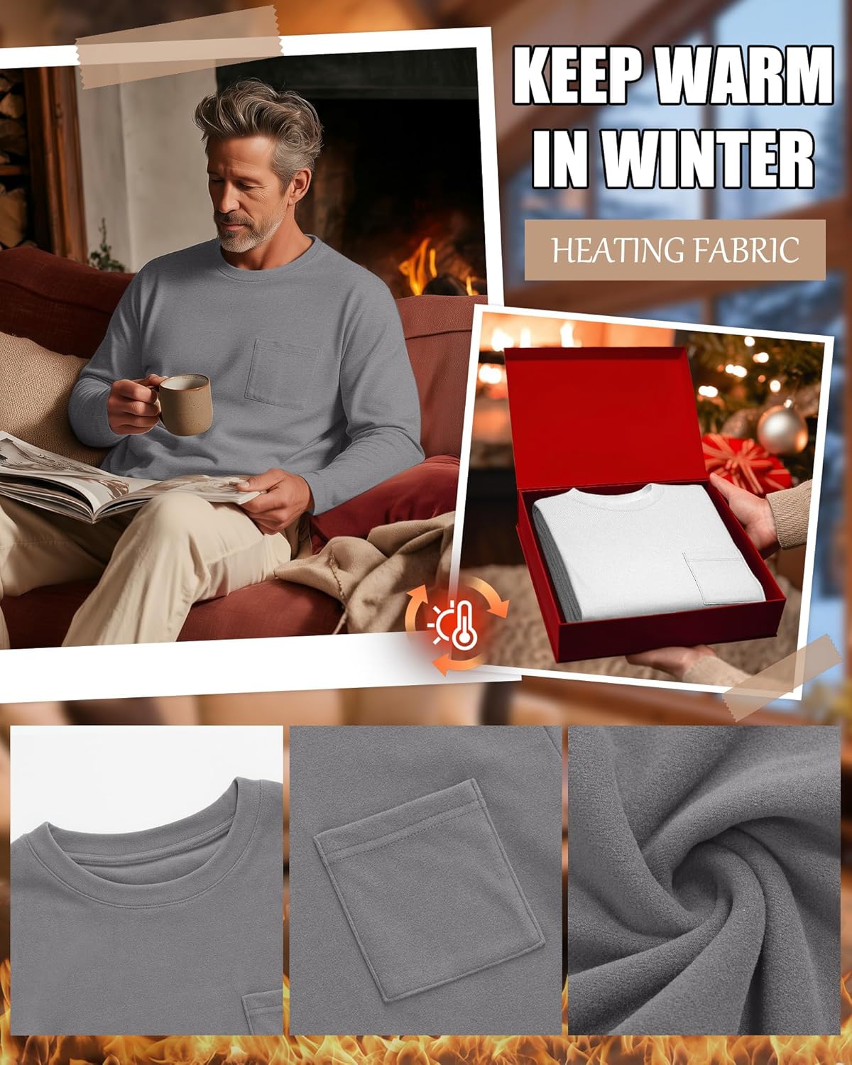 3 Pack Men's Big and Tall Long Sleeve Shirts Thermal Pocket T-Shirt Crew Neck Fleece Top Slim Fit Casual Tee - Image 4