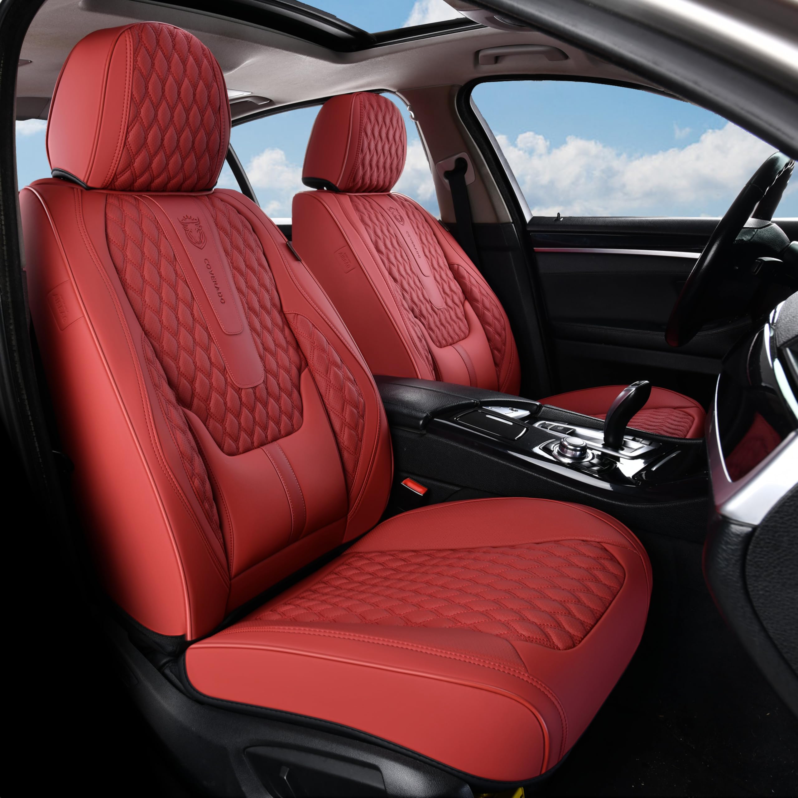 Coverado Car Seat Covers Front Seats, Luxury Faux Leather Red Seat Covers for Cars Waterproof Seat Covers with Lumbar Support, Car Seat Protector Universal Fit for Most Cars SUV Truck