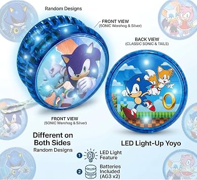 Light Up Blue Sonic Hedgehog-Style YoYo for Kids – 5.5cm LED Responsive Beginner Yo-Yo with String, Spinning Trick Toy, Party Bag Filler, Birthday for Boys & Girls Age 3+
