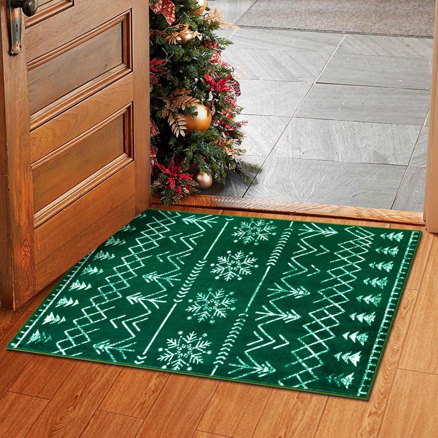 Asrug Christmas Green Rug2x3 Snowflake Washable Area Rug Entryway Throw Rugs Indoor