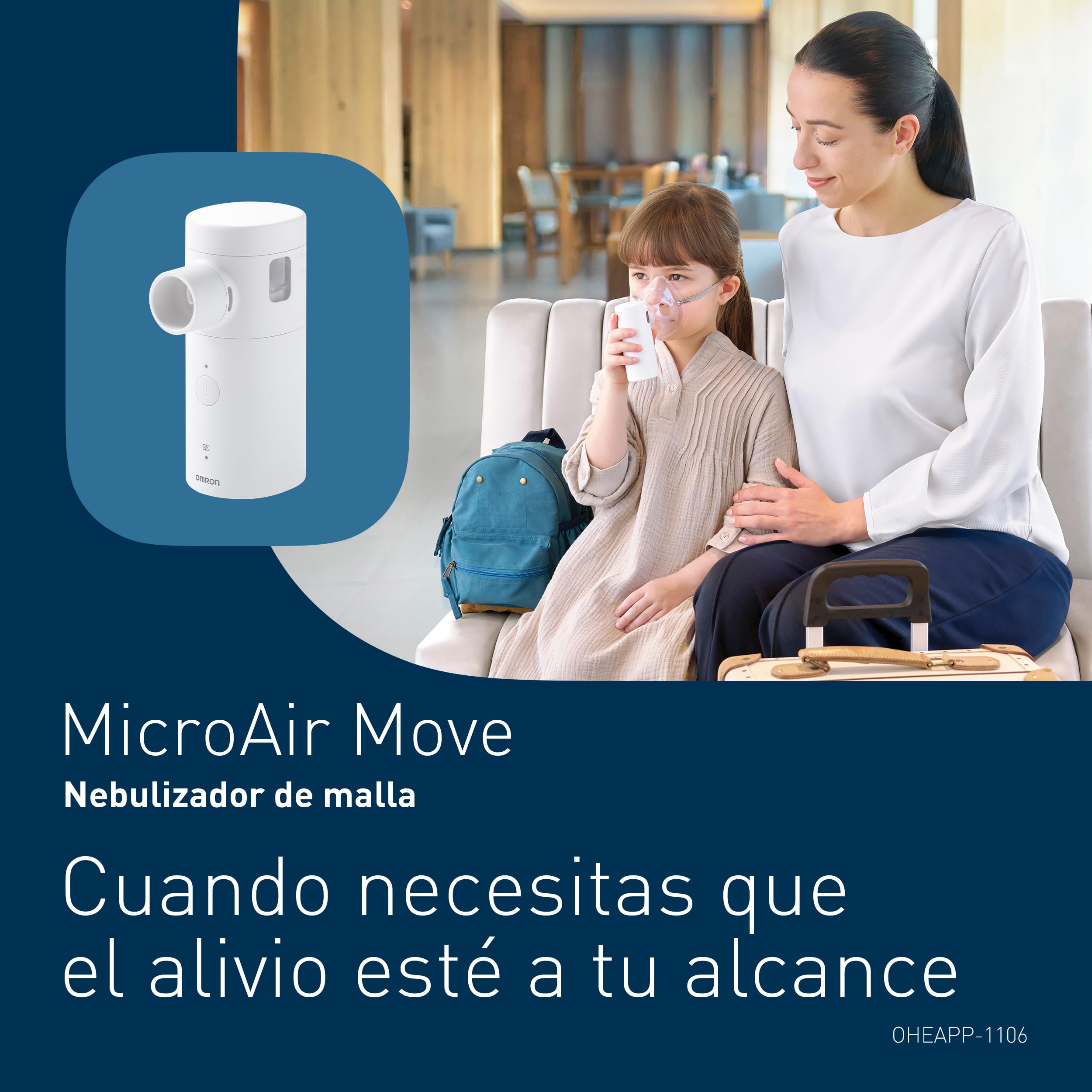 OMRON MicroAir Move Nebulizador Portátil Silencioso, nebulizador para adultos y niños, Recargable USB-C, Incluye Boquilla, 2 mascarillas y bolsa de viaje