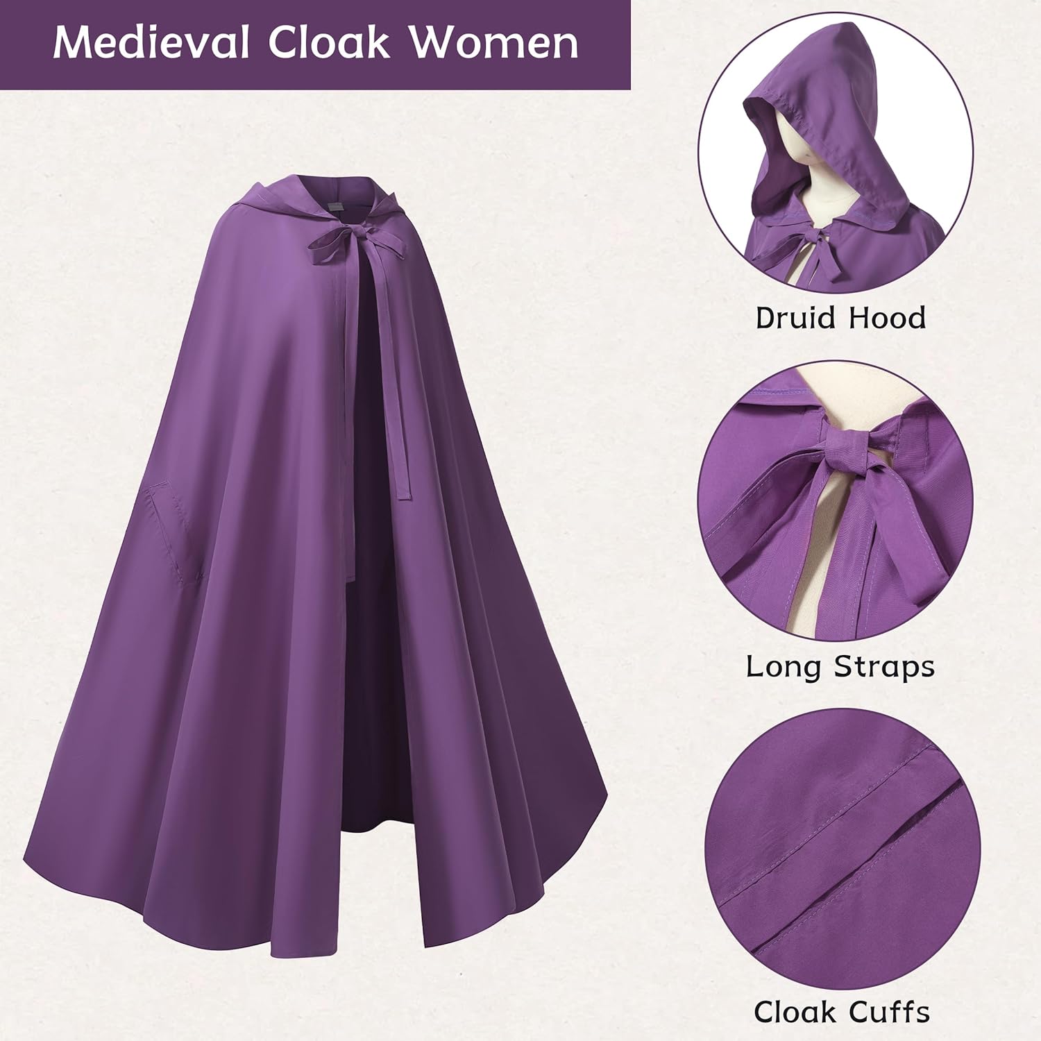 Women Renaissance Cloak with Arm Holes,Medieval Cloak with Hood,Adult Hobbit Cape Halloween - Image 3