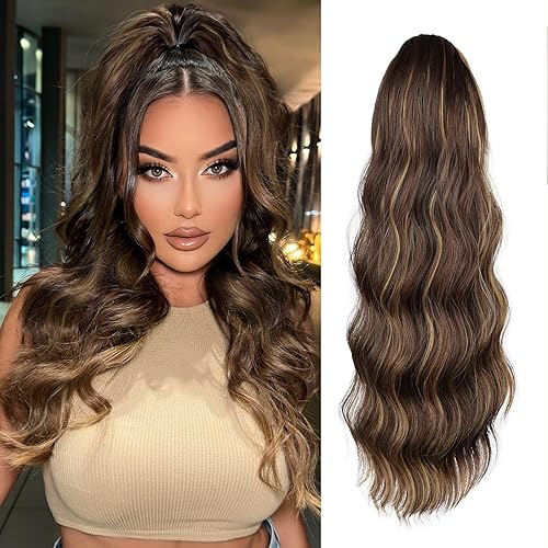 FREEMEIGE Extensión de cola de caballo con cordón, extensión de cola de caballo de cuerpo largo ondulado para mujer, extensión de pelo sintético con