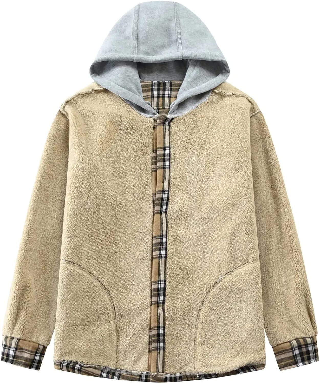 Flygo Flannel Shirt Jacket Men Fleece Hoodie Sherpa Lined Plaid Button Down Fall Winter Jackets with Hood - Image 5