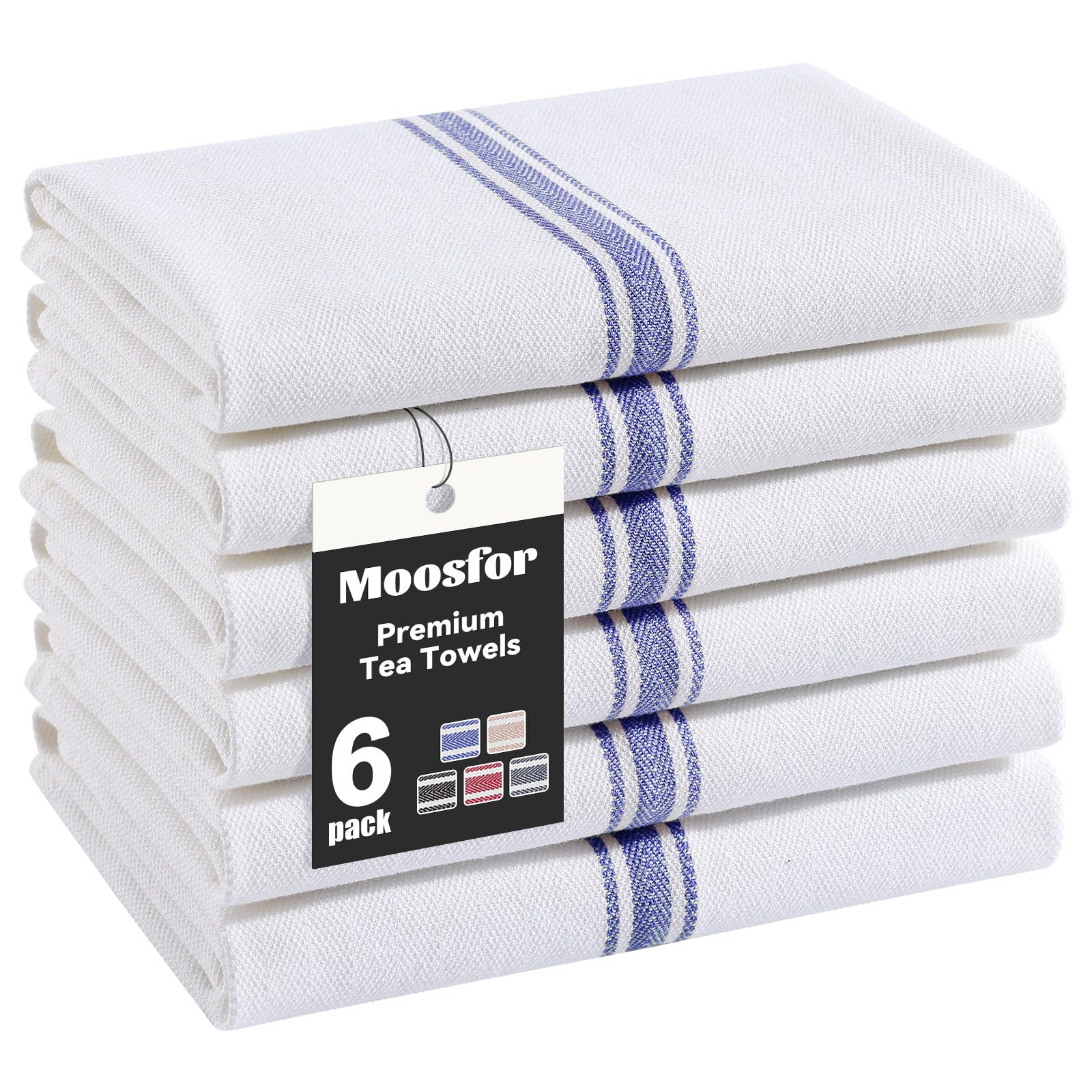 Moosfor 100% Organic Cotton Tea Towels Extra Large, Highly Absorbent Soft Dish Cloths, Lint Free Quick Drying kitchen Towel, Premium Dish Towels for Kitchen, Pack of 6, 38 x 64 cm, Navy Blue