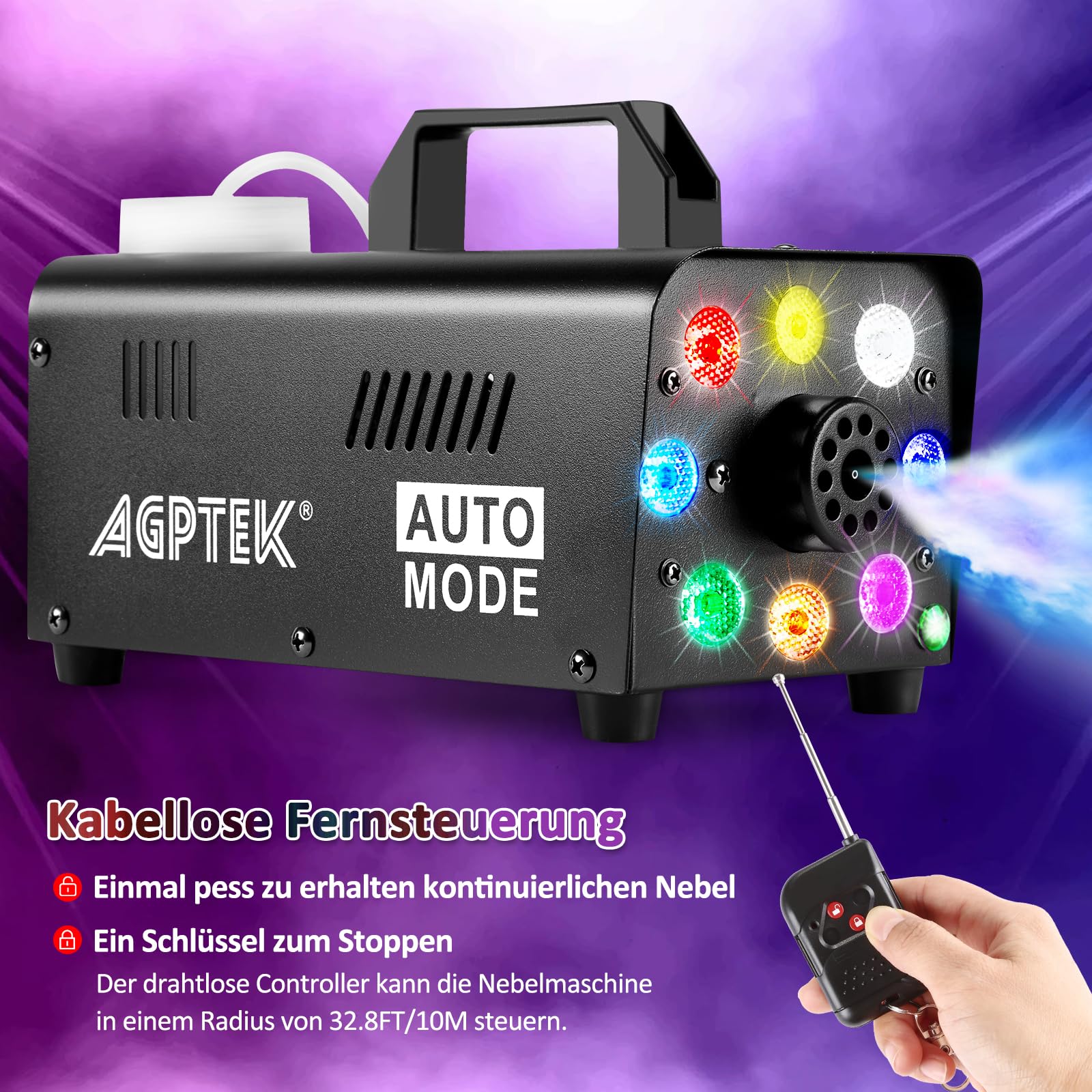 Nebelmaschine, AGPtEK Nebel Maschine mit kabelloser Fernbedienung UND LED Licht, Stabil & Tragbar, Passend für Halloween, Weihnachten, Hochzeitsfeiern & Bühnenauftritte usw