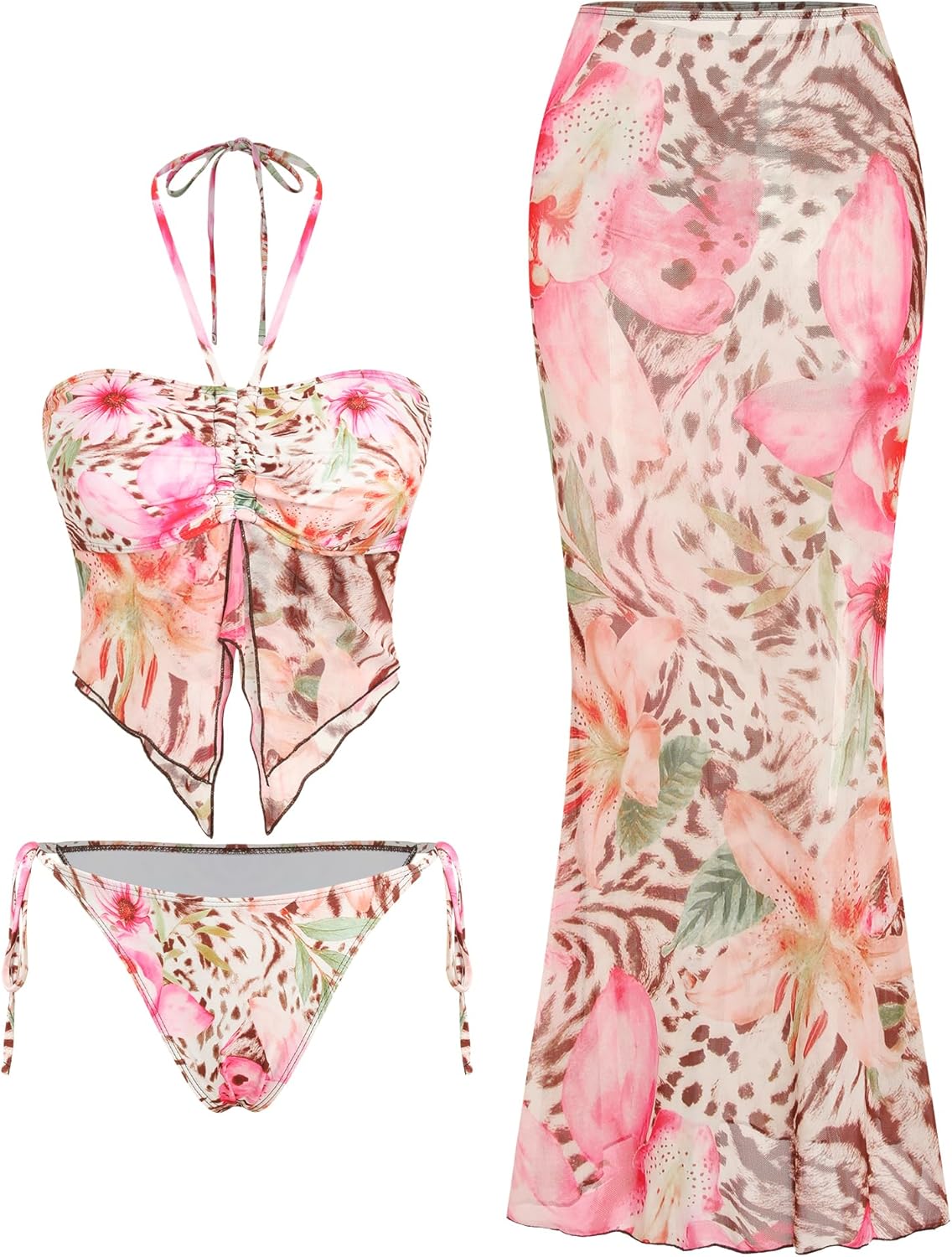 ZAFUL Women 3 Piece Bikini with Cover Up Skirt Halter Bandeau Swimsuit Floral Tie Side Cheeky Bathing Suit