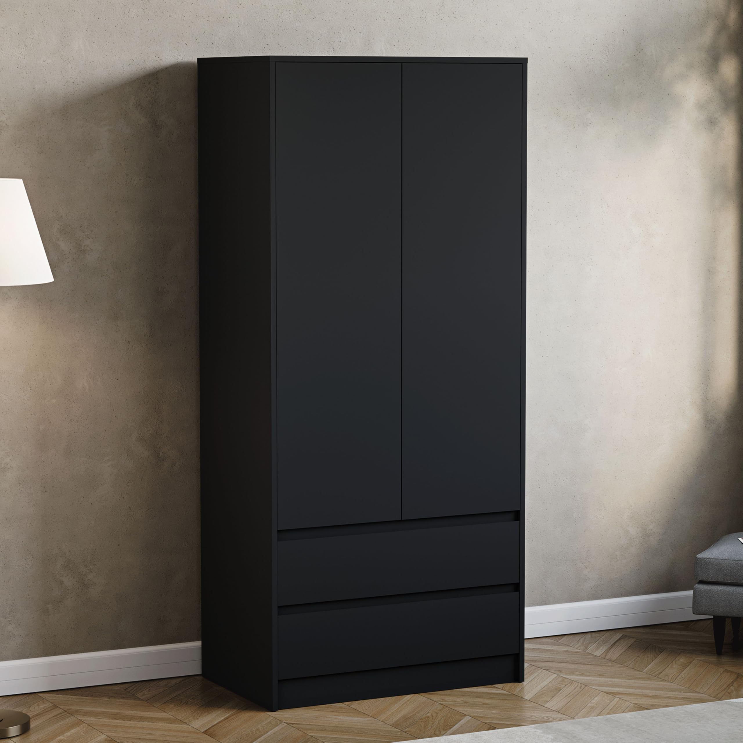 Vida Designs Denver 2 Door & 2 Drawer Wardrobe | Black | Bedroom Furniture | 174H x 76W x 53D cm | with Spacious Drawers & Hanging Rail | Large Capacity Storage