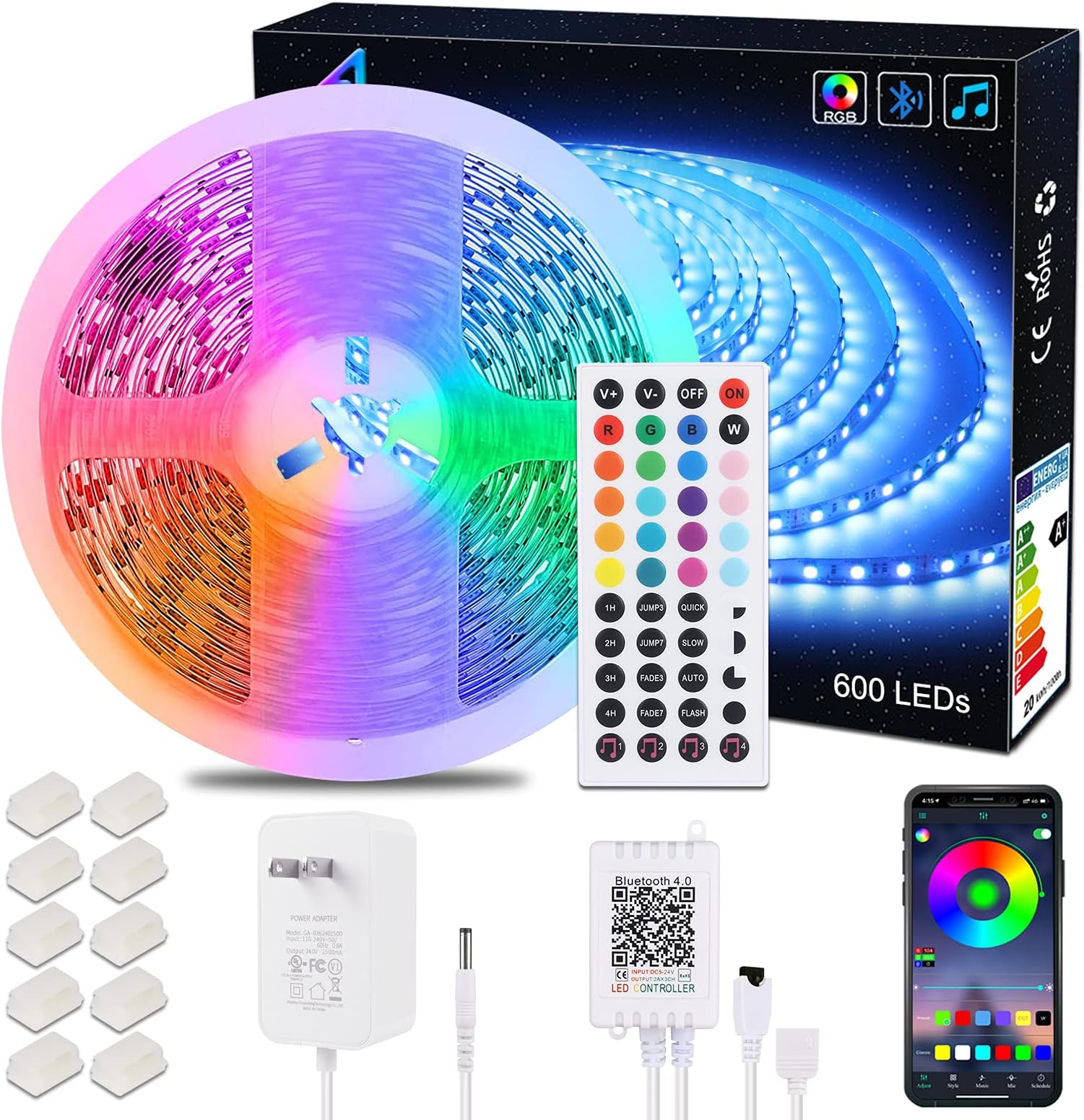 5050 10M 600Leds RGB 60leds/m SMD Non-Waterproof Color Changing Led Strips Light Kit +44 Key IR Remote+24V AC Power Supply for Home Lighting and Kitchen Decorative