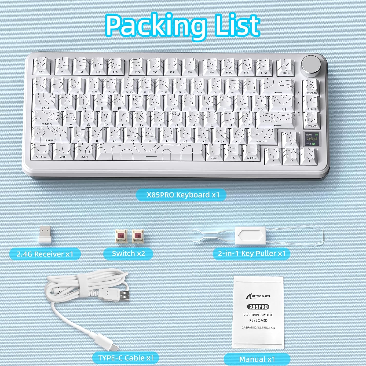ATTACK SHARK X85PRO keyboard and its accessories in the packing list